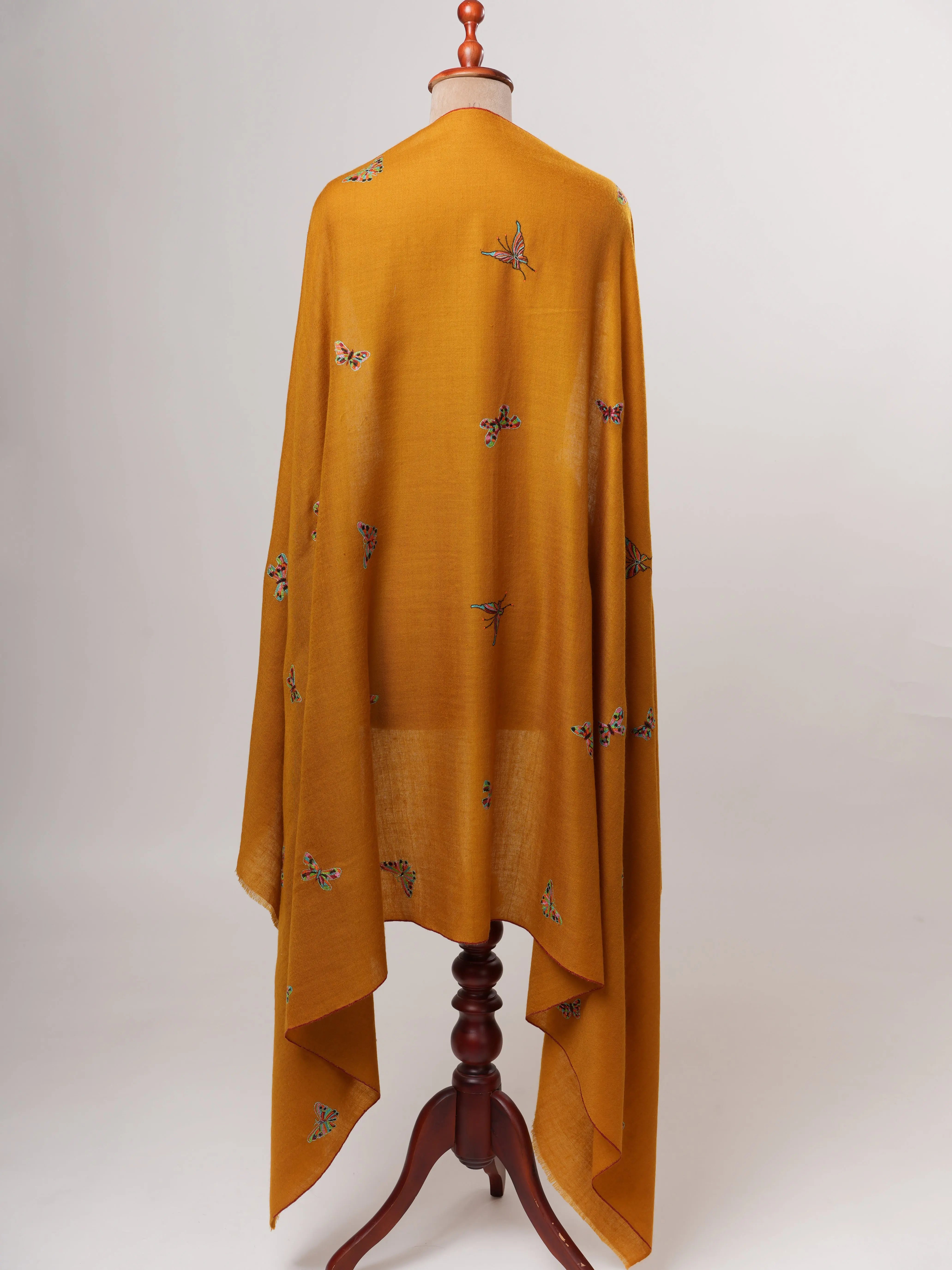 Mustard Handwoven Pashmina Shawl with Butterfly Hand Embroidery Shahkaar