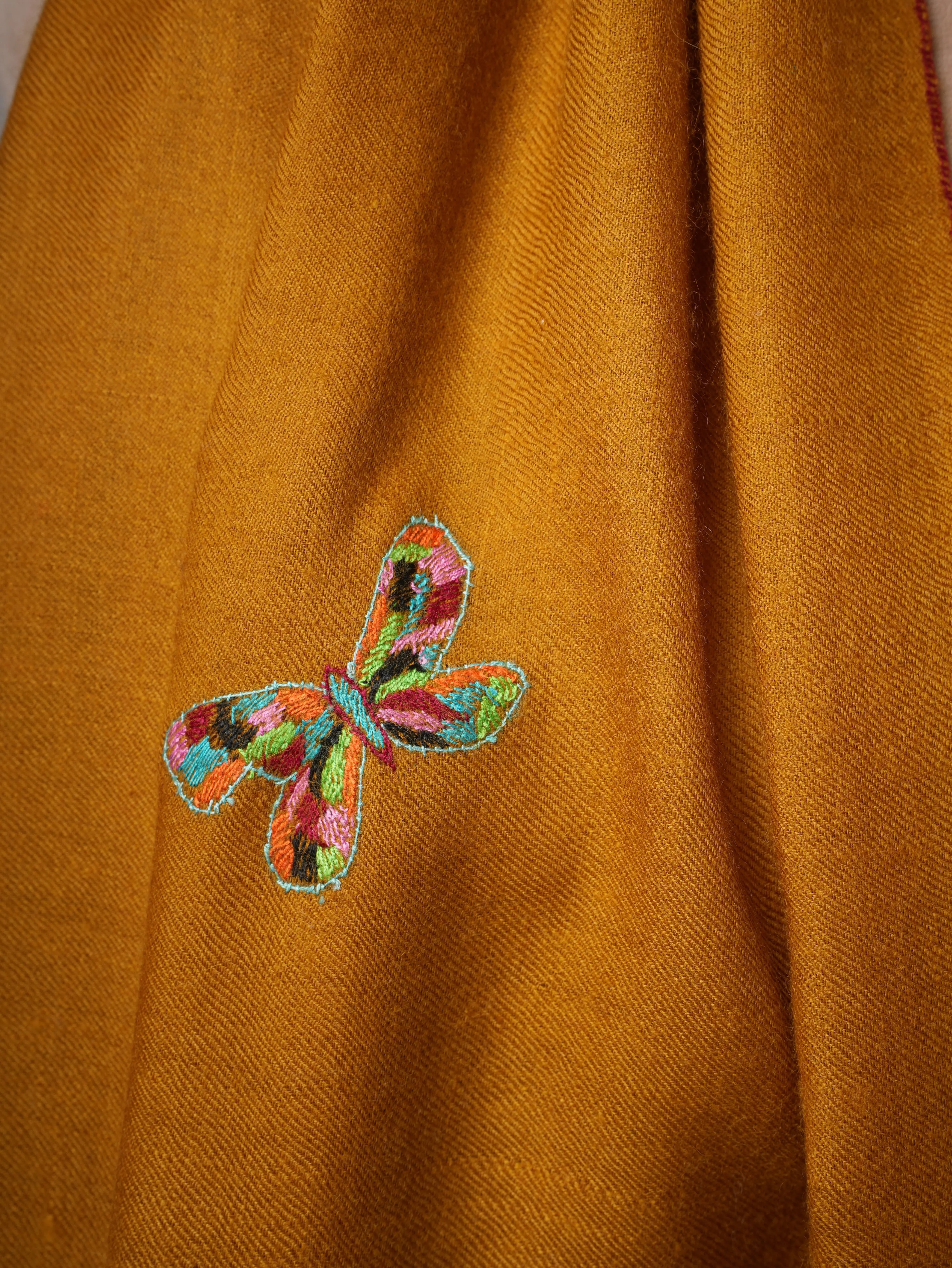 Mustard Handwoven Pashmina Shawl with Butterfly Hand Embroidery Shahkaar