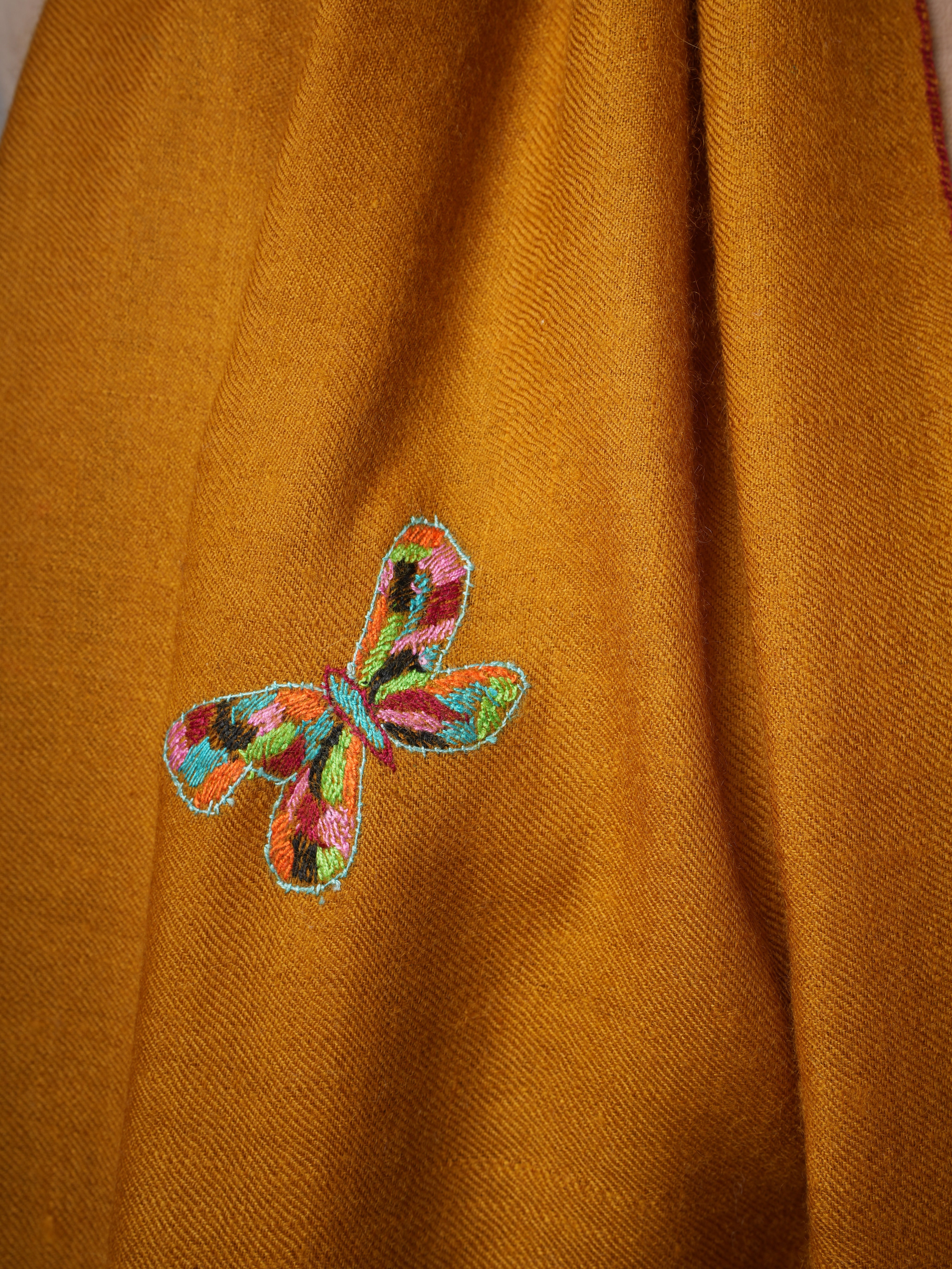 Mustard Handwoven Pashmina Shawl with Butterfly Hand Embroidery Shahkaar