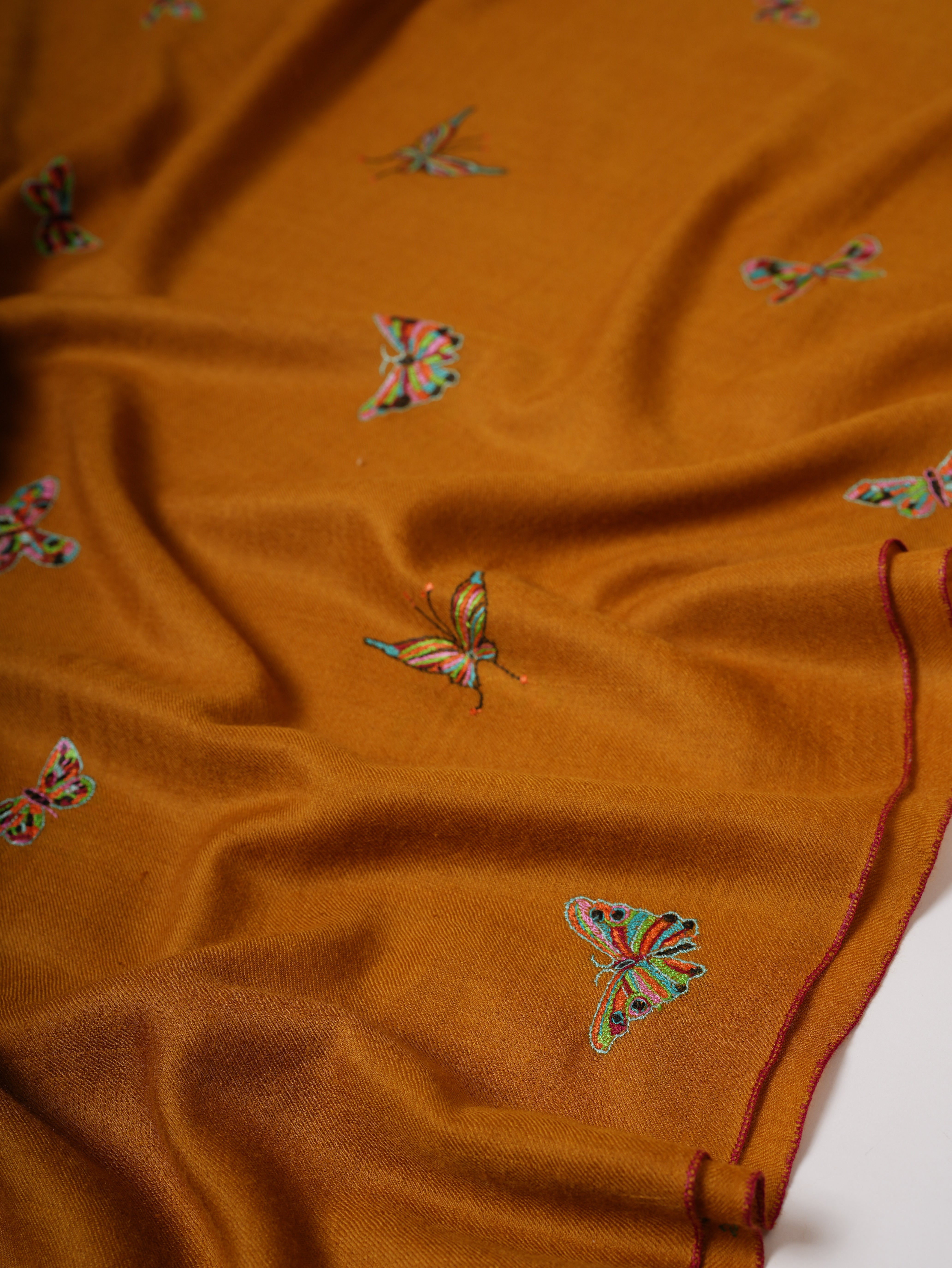 Mustard Handwoven Pashmina Shawl with Butterfly Hand Embroidery Shahkaar