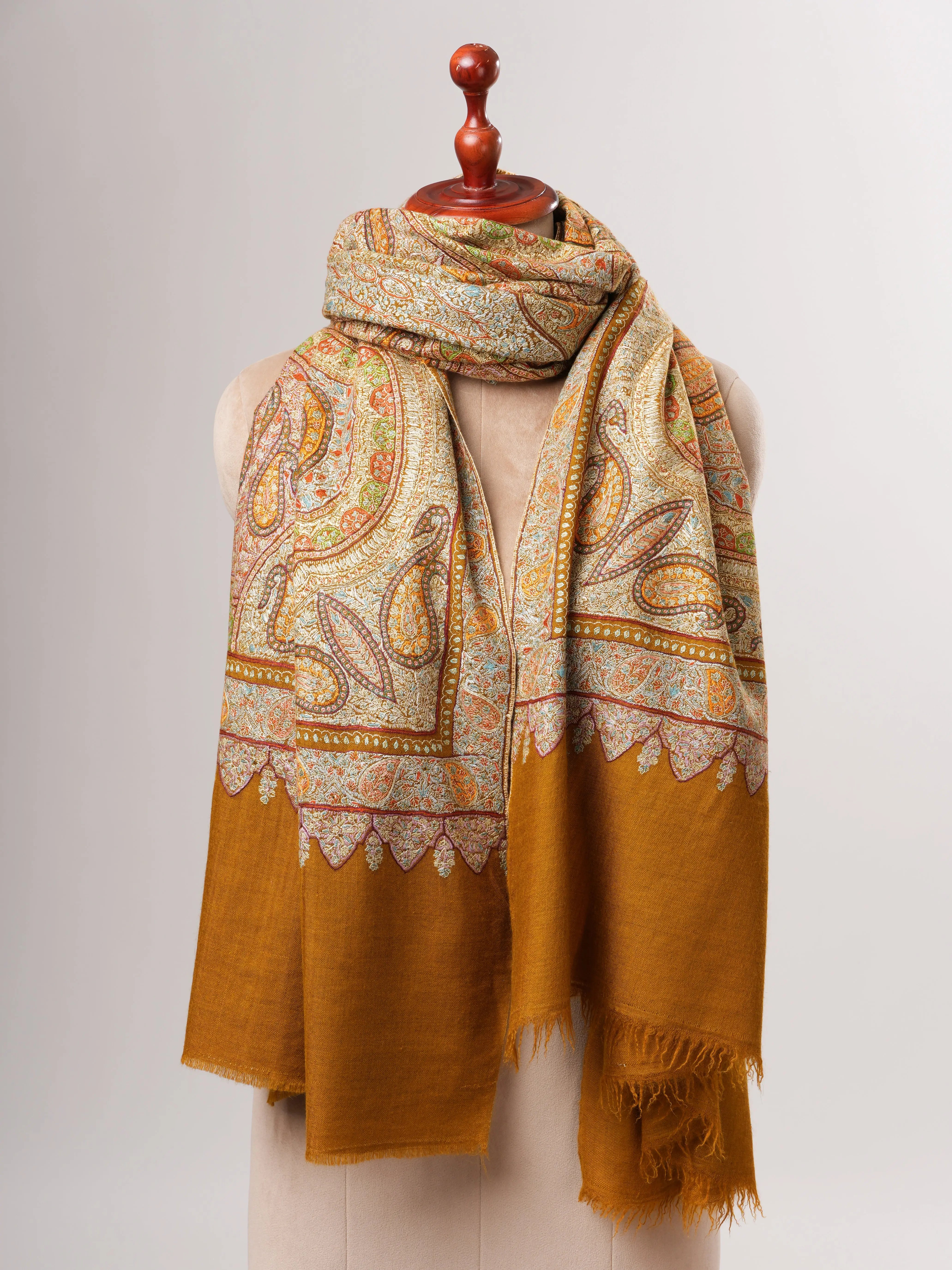 Mustard Kashmiri Pashmina Shawl with Detailed Hand Embroidery Shahkaar