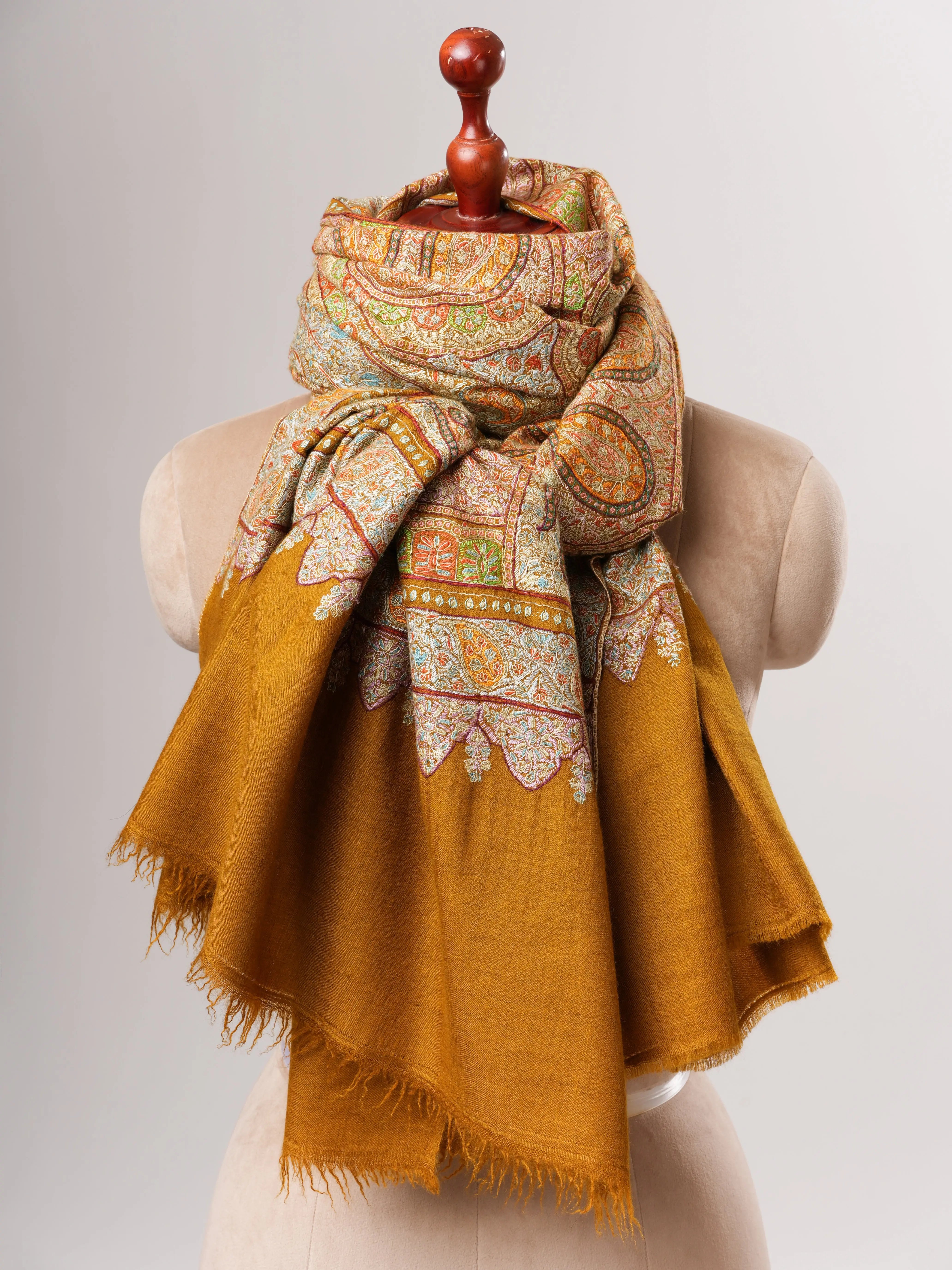 Mustard Kashmiri Pashmina Shawl with Detailed Hand Embroidery Shahkaar
