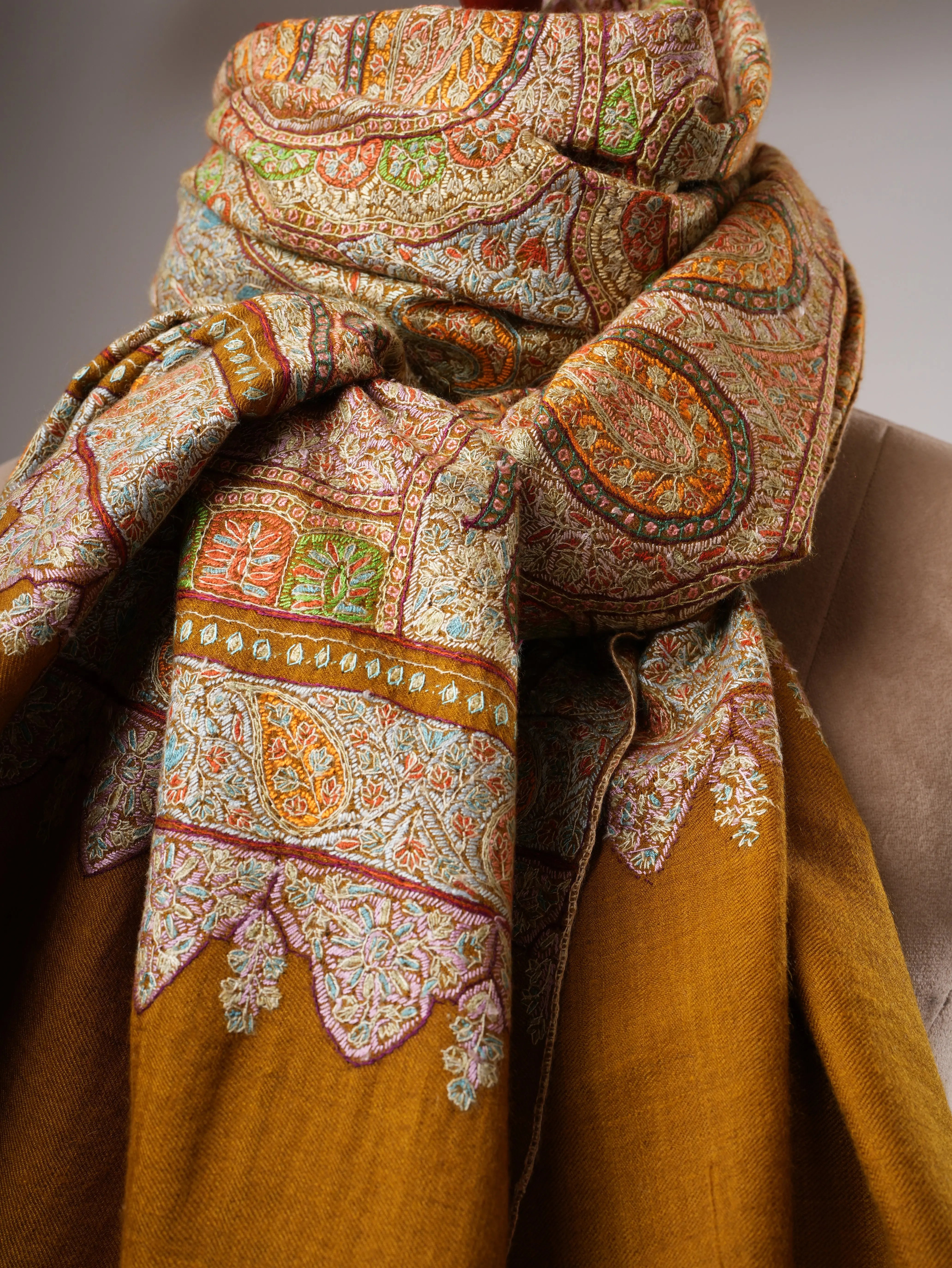 Mustard Kashmiri Pashmina Shawl with Detailed Hand Embroidery Shahkaar