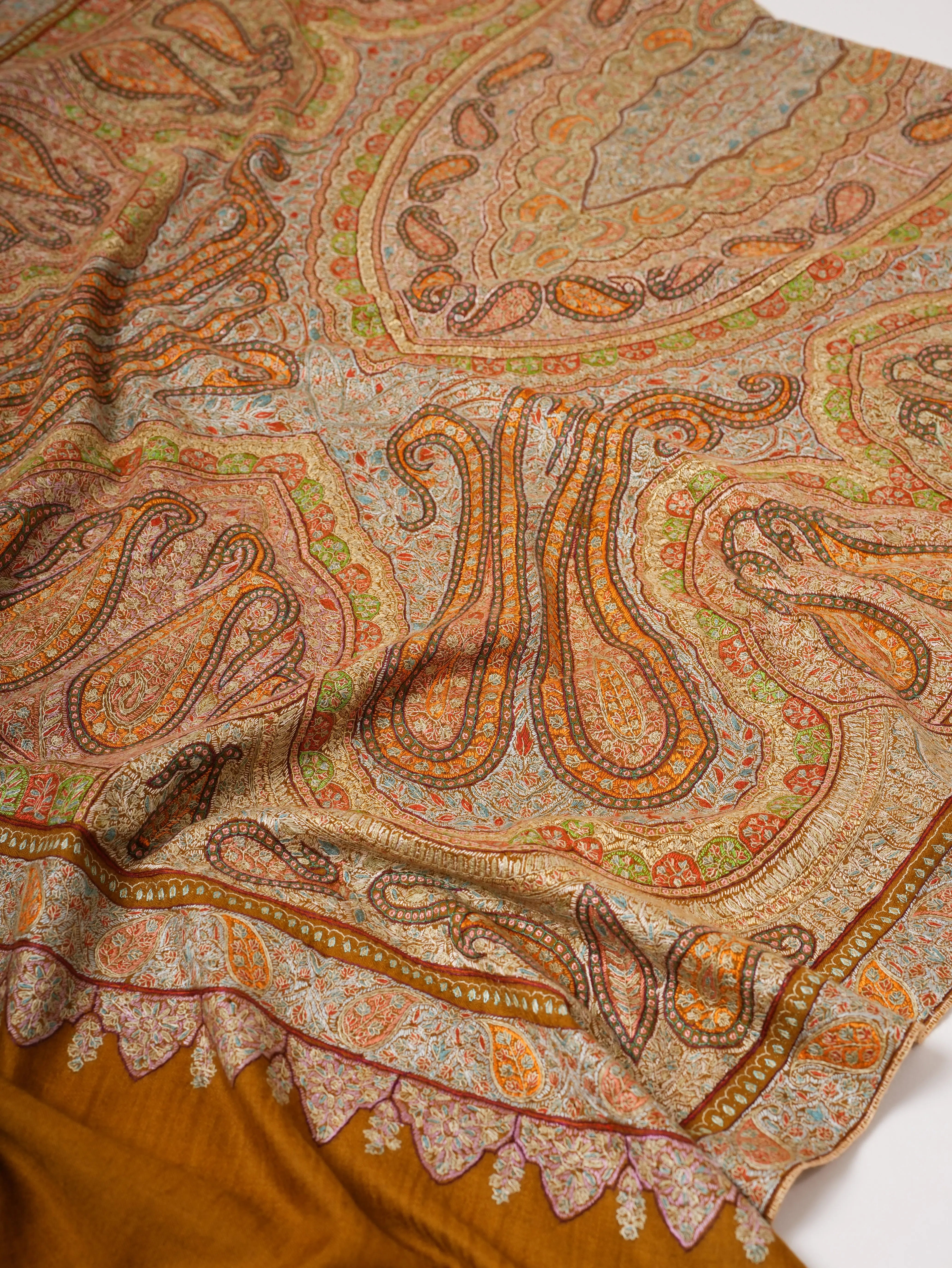 Mustard Kashmiri Pashmina Shawl with Detailed Hand Embroidery Shahkaar