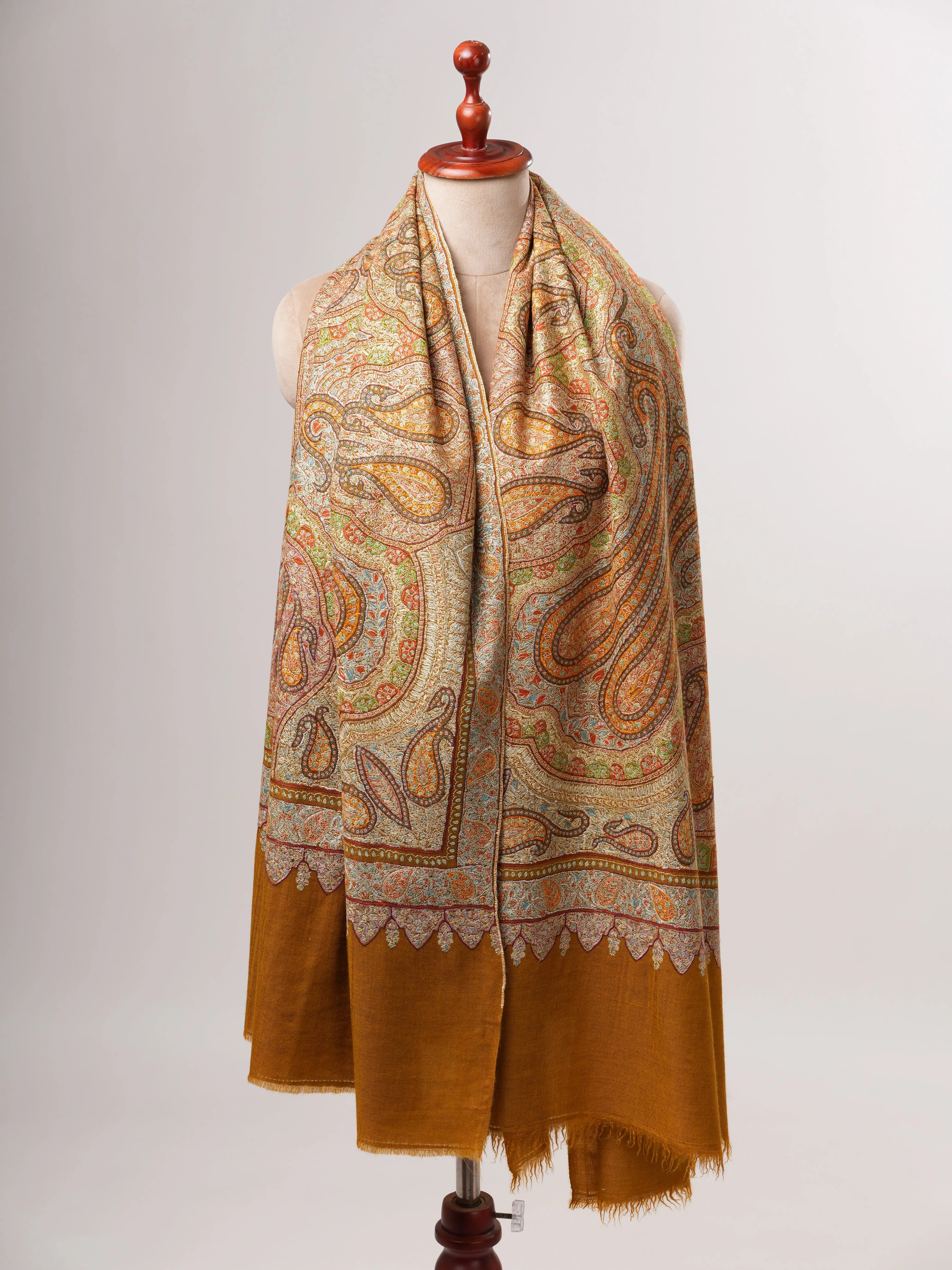 Mustard Kashmiri Pashmina Shawl with Detailed Hand Embroidery Shahkaar