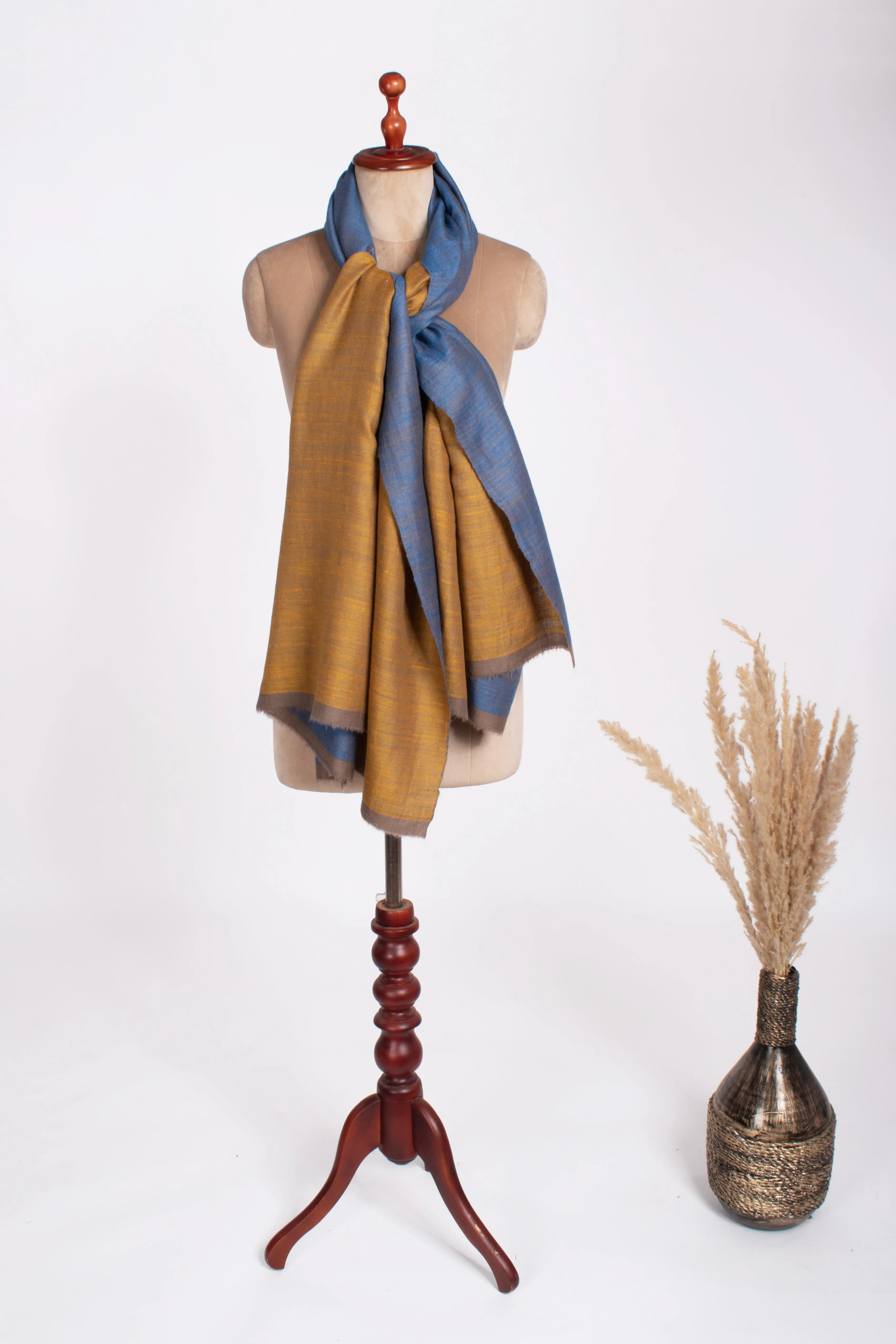 Mustard and Blue Dorukha Indian Pashmina Shawl Shahkaar