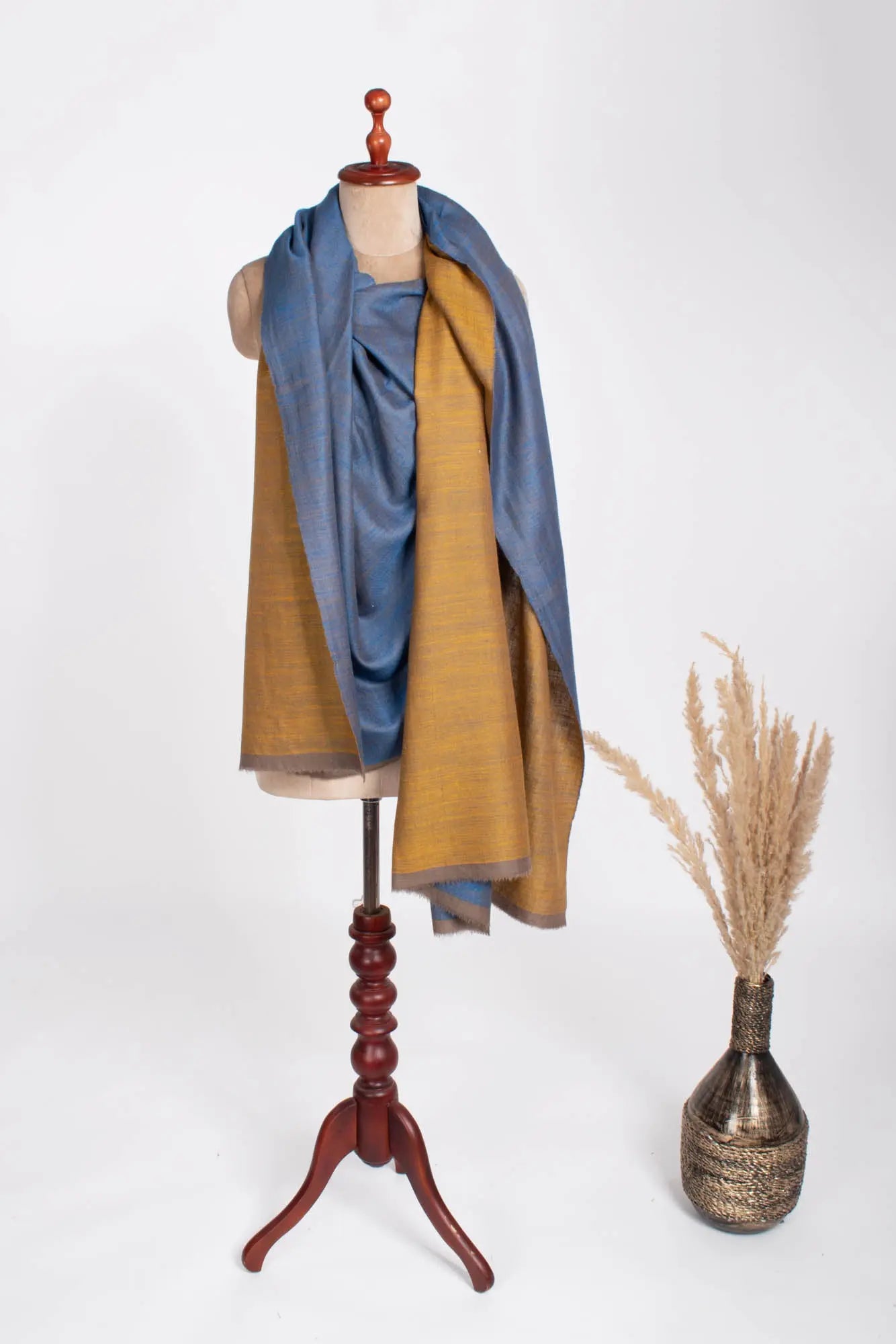 Mustard and Blue Dorukha Indian Pashmina Shawl Shahkaar