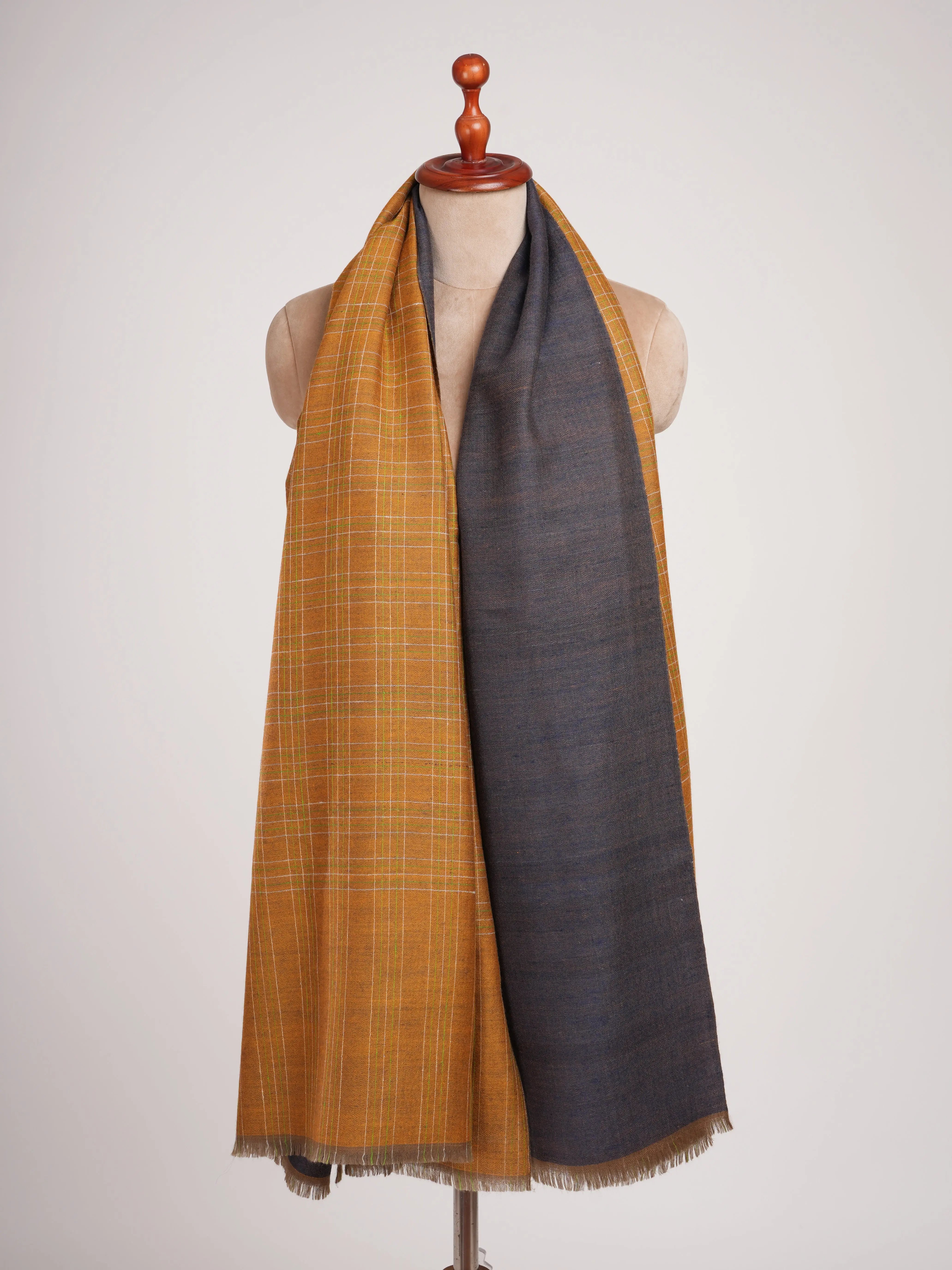 Mustard and Navy Handwoven Dorukha Kashmiri Pashmina Shawl Shahkaar