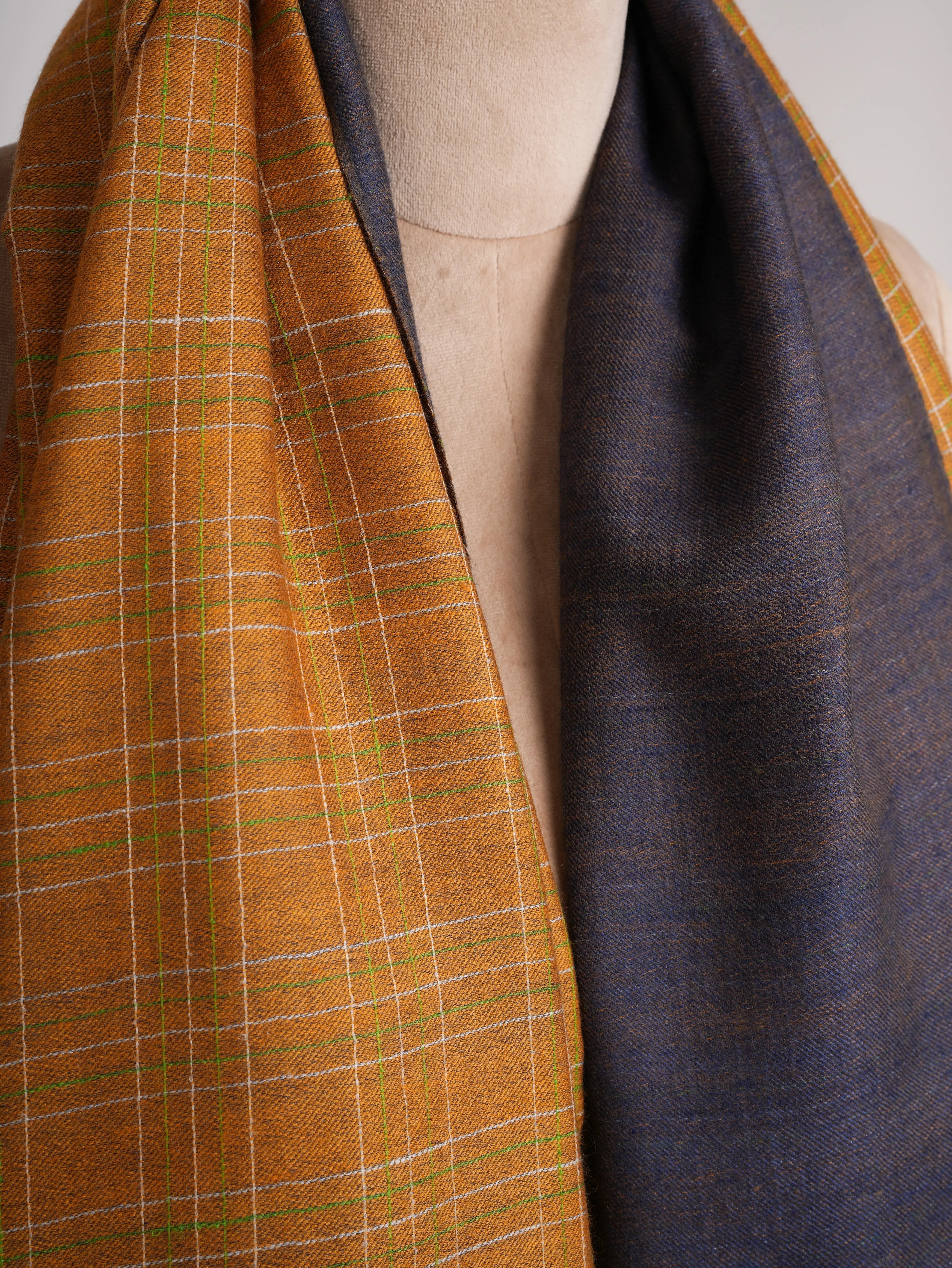 Mustard and Navy Handwoven Dorukha Kashmiri Pashmina Shawl Shahkaar