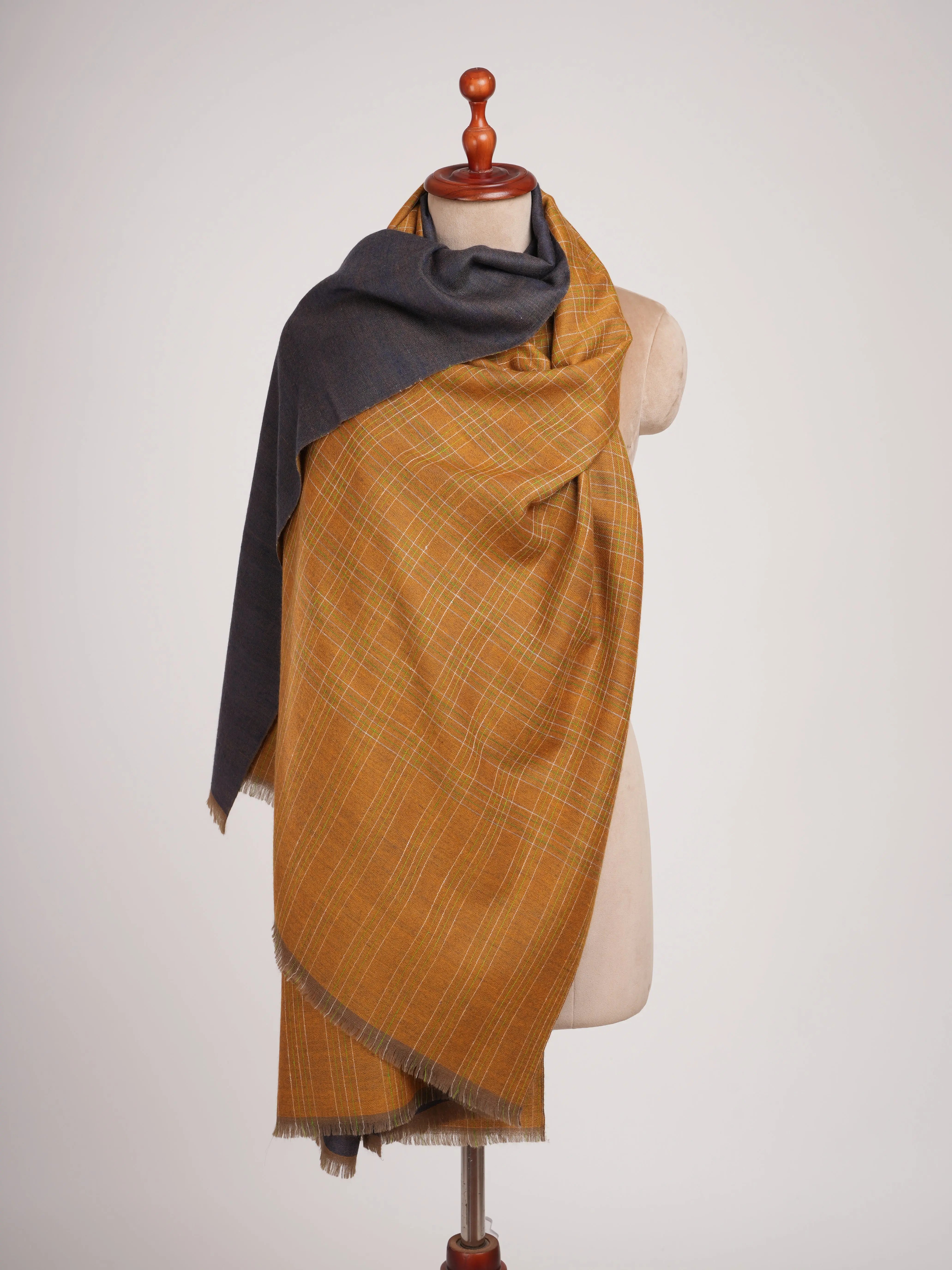 Mustard and Navy Handwoven Dorukha Kashmiri Pashmina Shawl Shahkaar