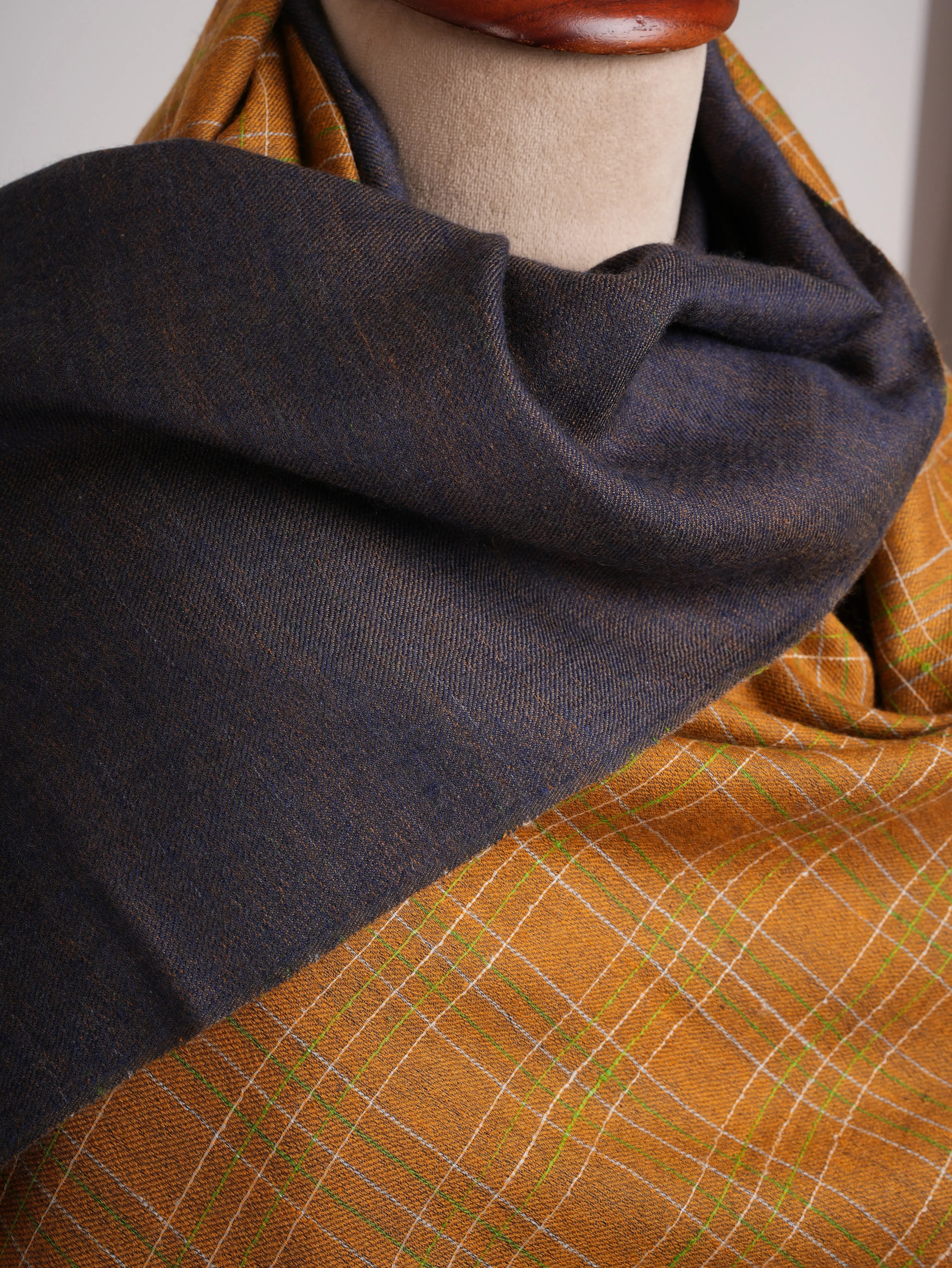 Mustard and Navy Handwoven Dorukha Kashmiri Pashmina Shawl Shahkaar