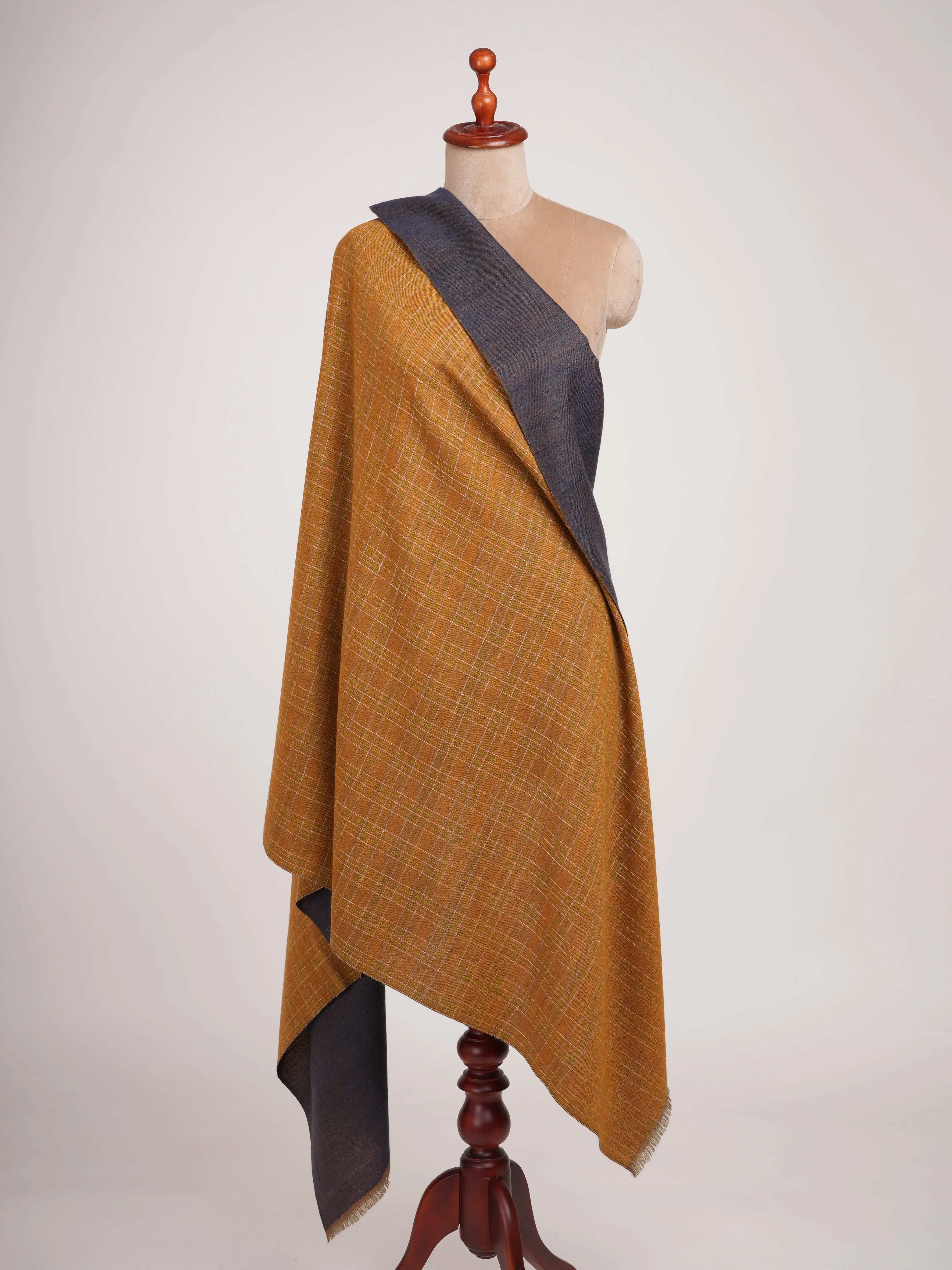 Mustard and Navy Handwoven Dorukha Kashmiri Pashmina Shawl Shahkaar