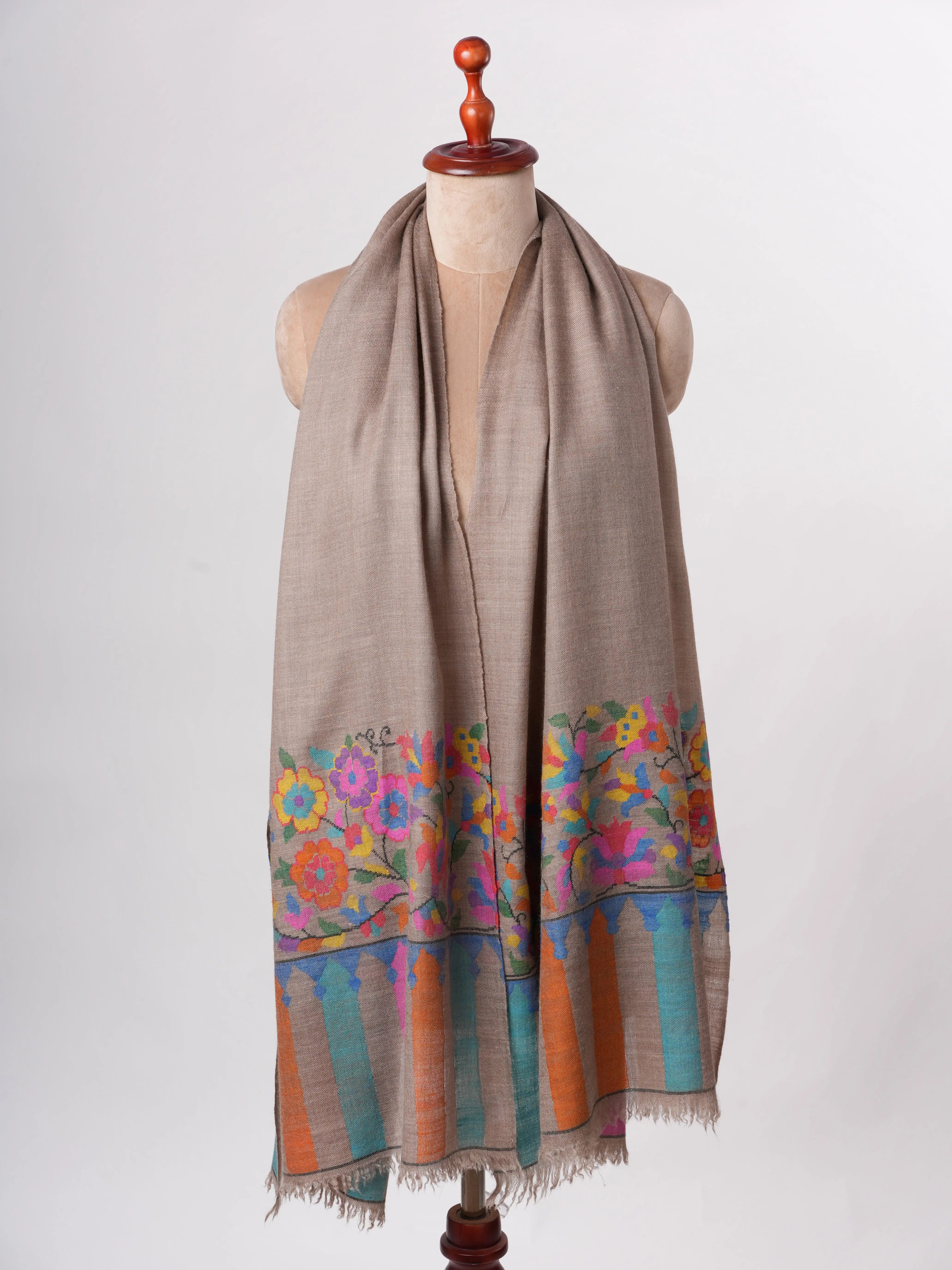 Natural Baby Soft Cashmere Scarf with Multicolor Kani Woven Palla Shahkaar