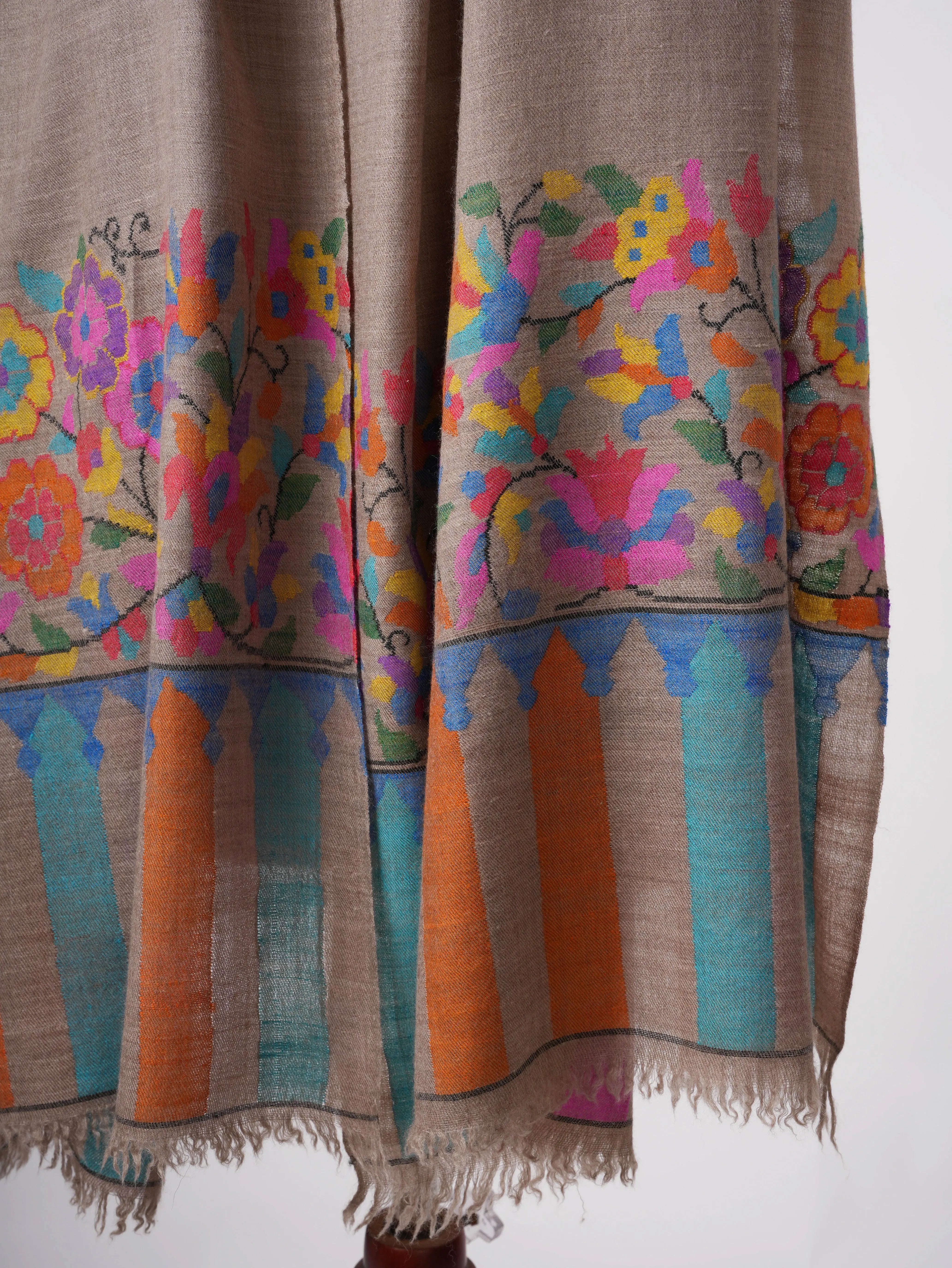 Natural Baby Soft Cashmere Scarf with Multicolor Kani Woven Palla Shahkaar