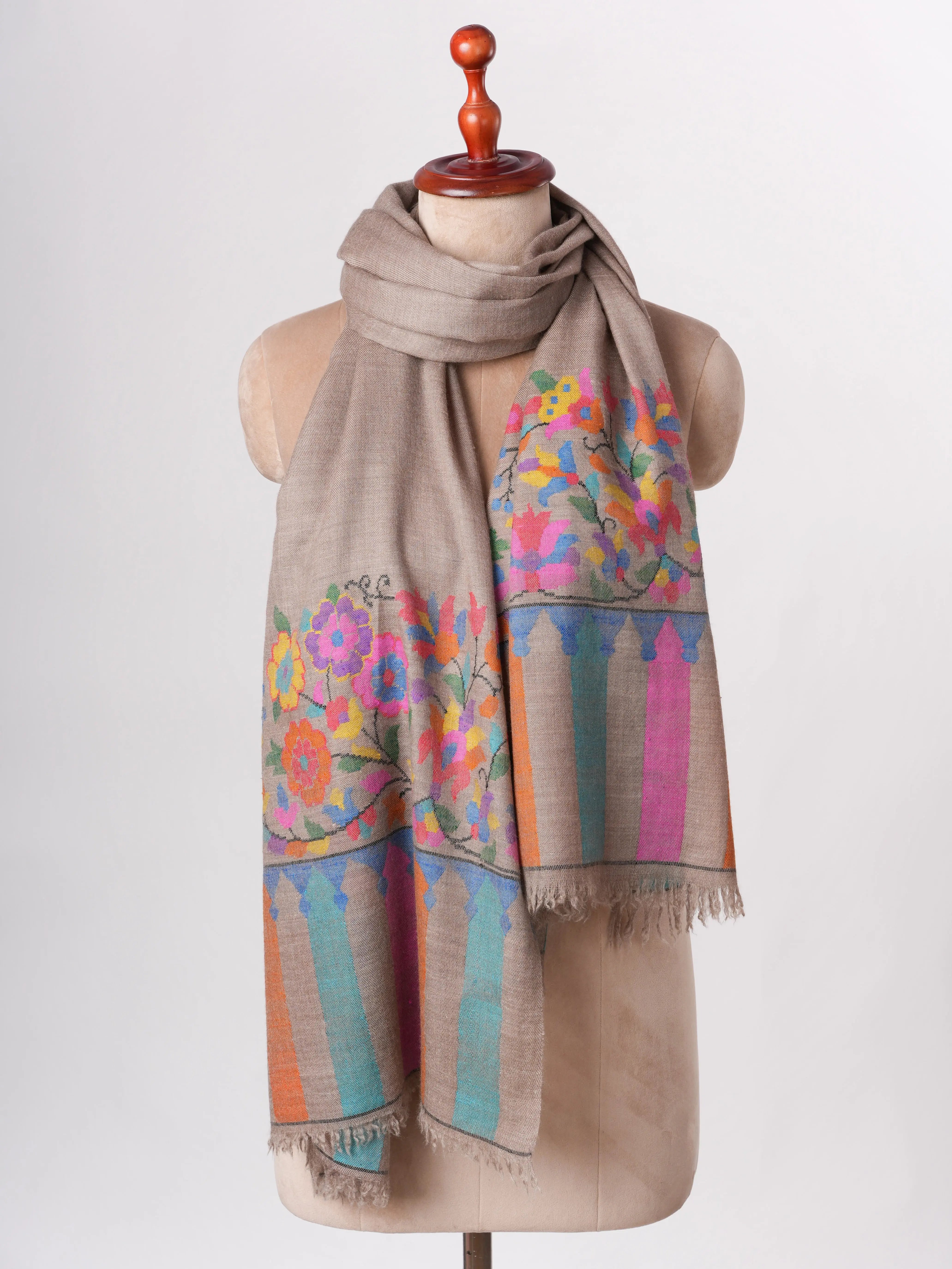 Natural Baby Soft Cashmere Scarf with Multicolor Kani Woven Palla Shahkaar