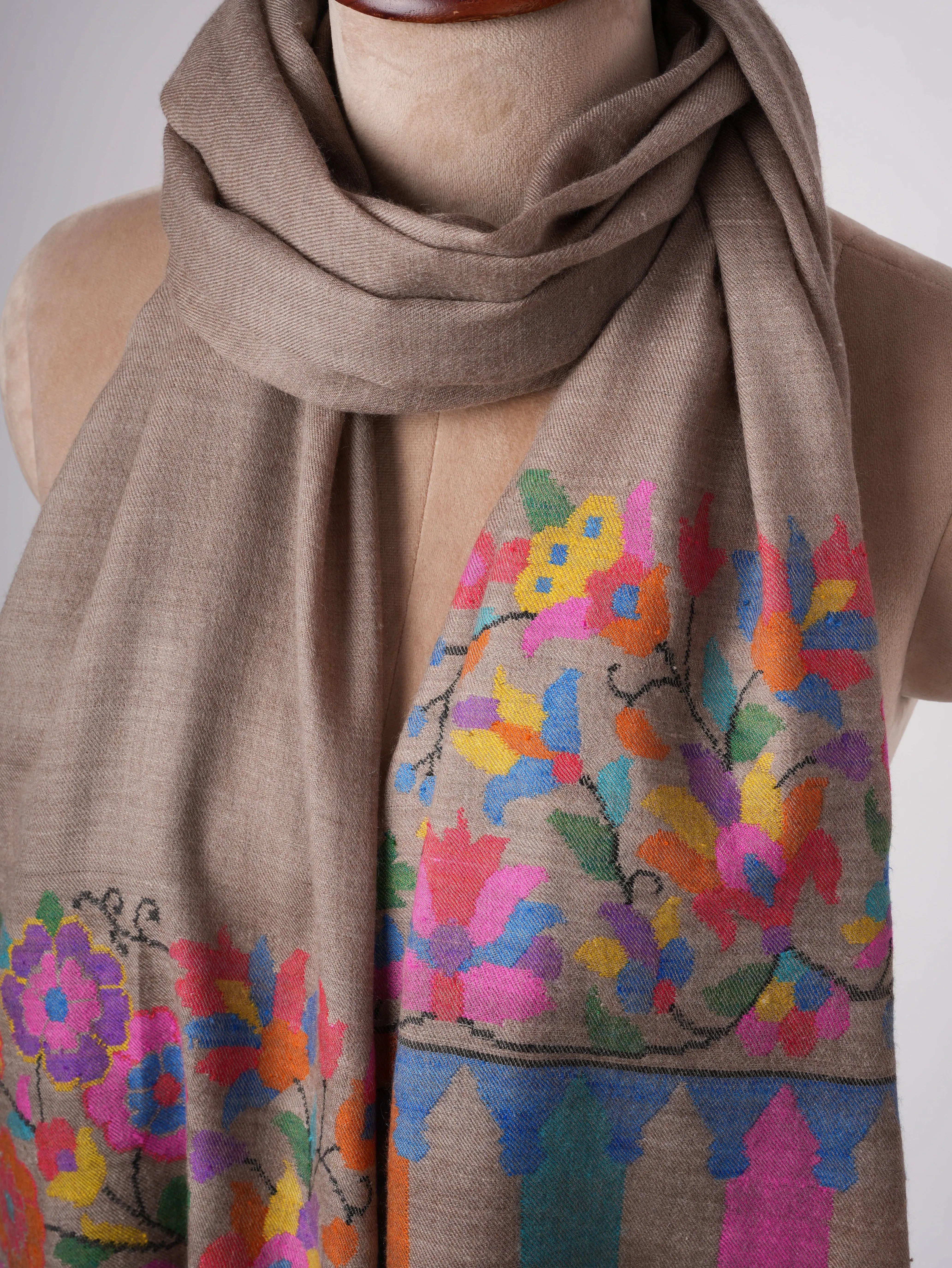 Natural Baby Soft Cashmere Scarf with Multicolor Kani Woven Palla Shahkaar