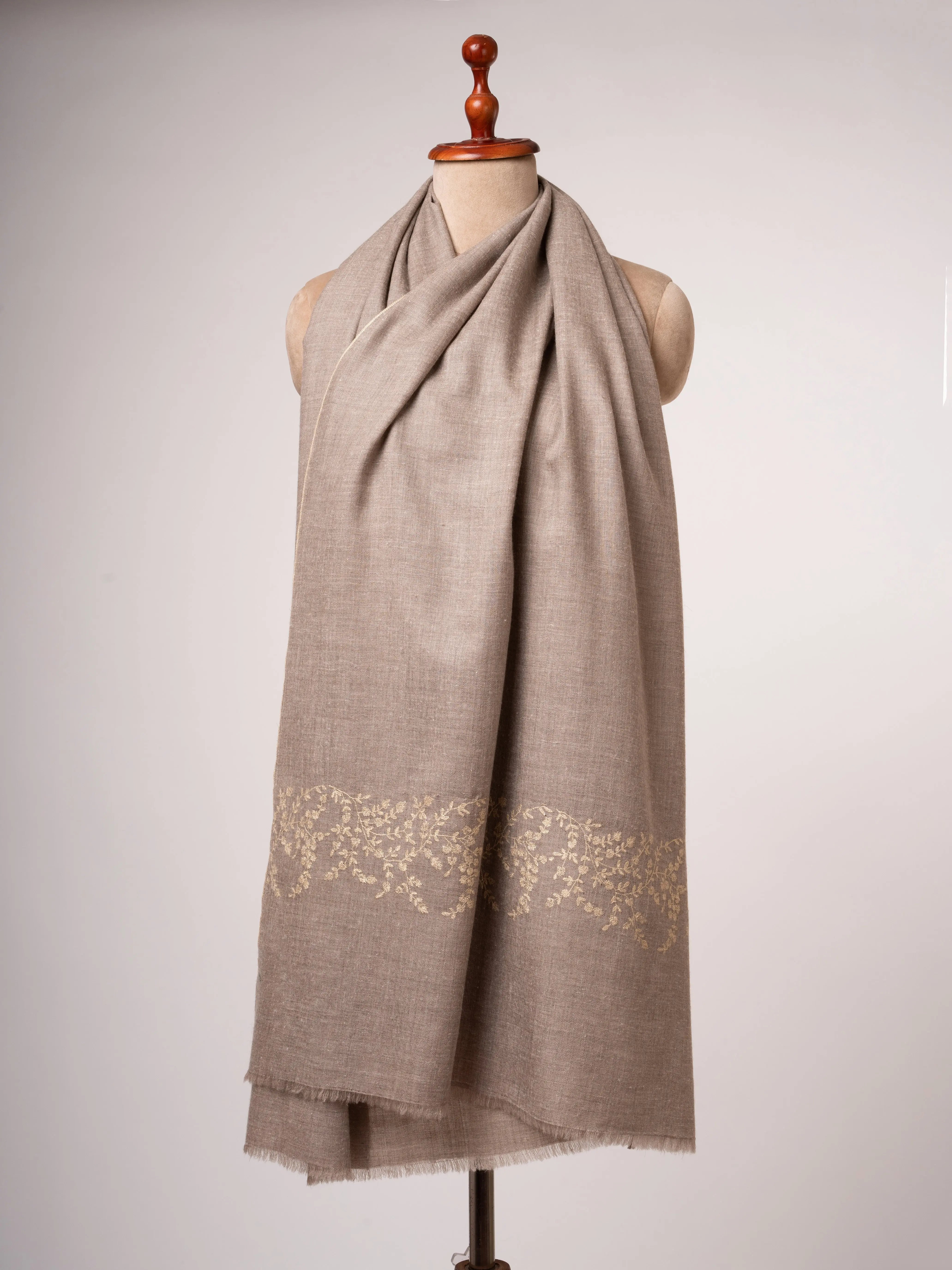 Natural Beige Cashmere Scarf Sozni Embroidery on Shorter Ends Shahkaar