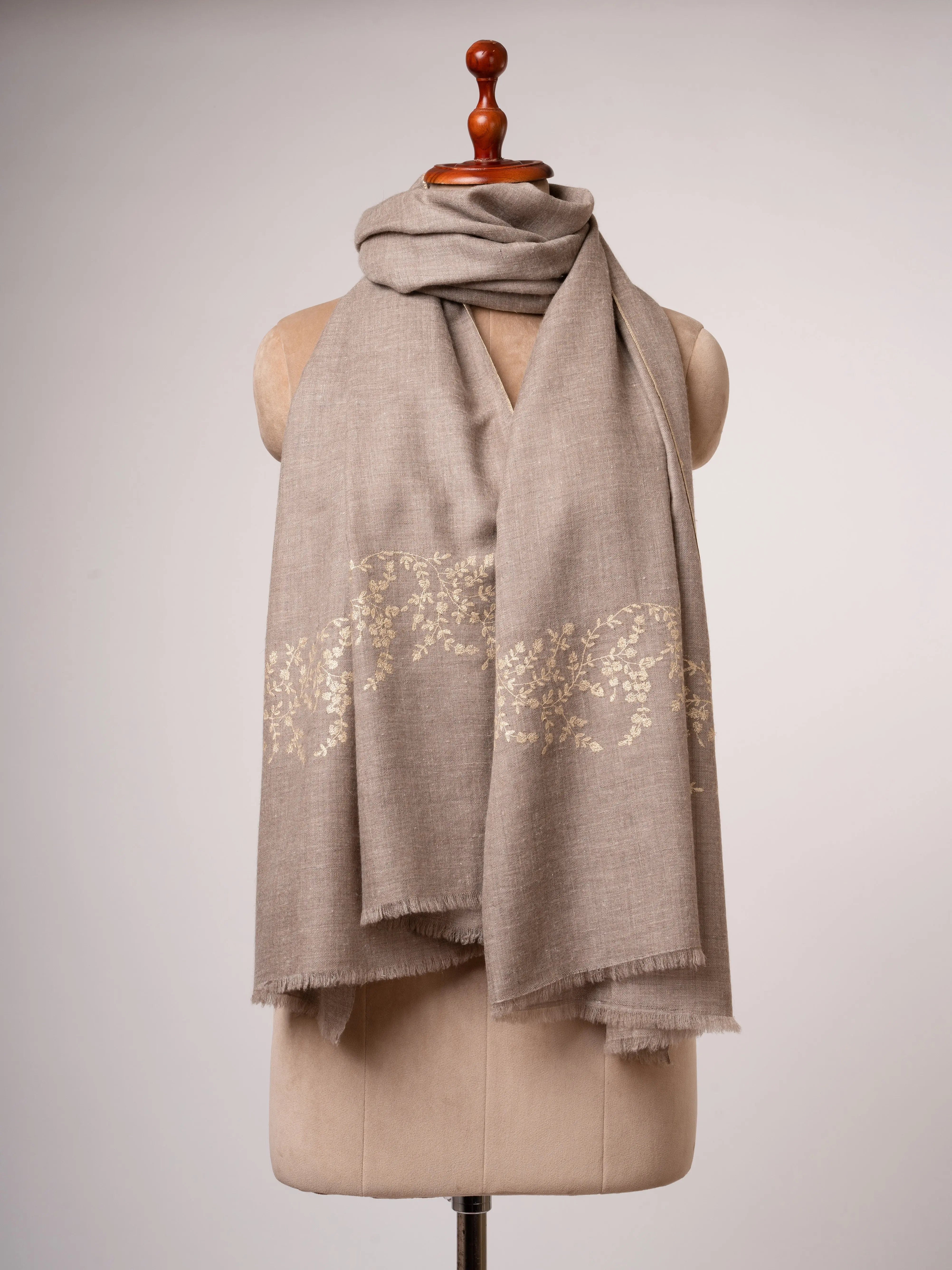 Natural Beige Cashmere Scarf Sozni Embroidery on Shorter Ends Shahkaar