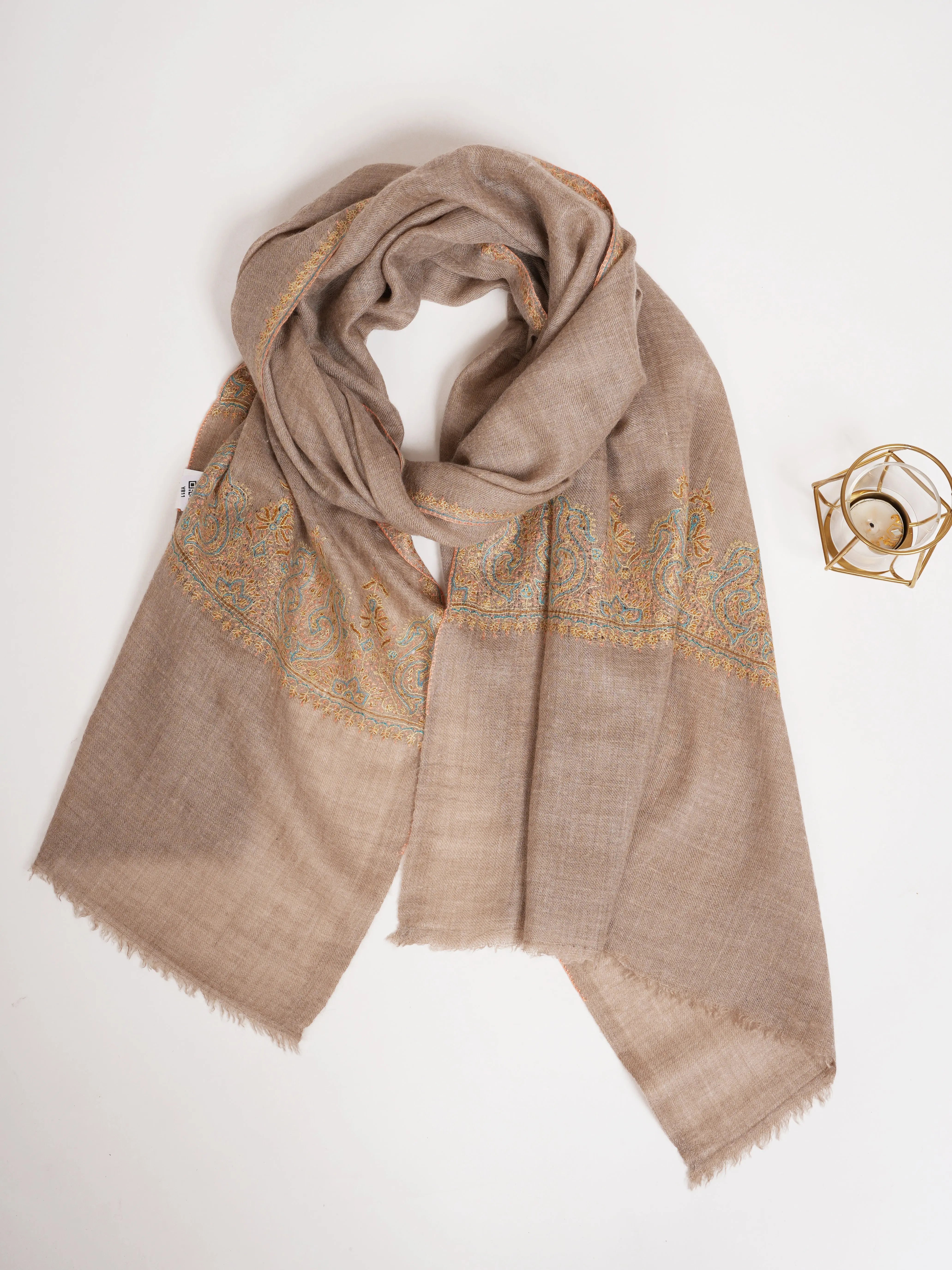 Natural Beige Embroidered Featherweight Cashmere Scarf Shahkaar