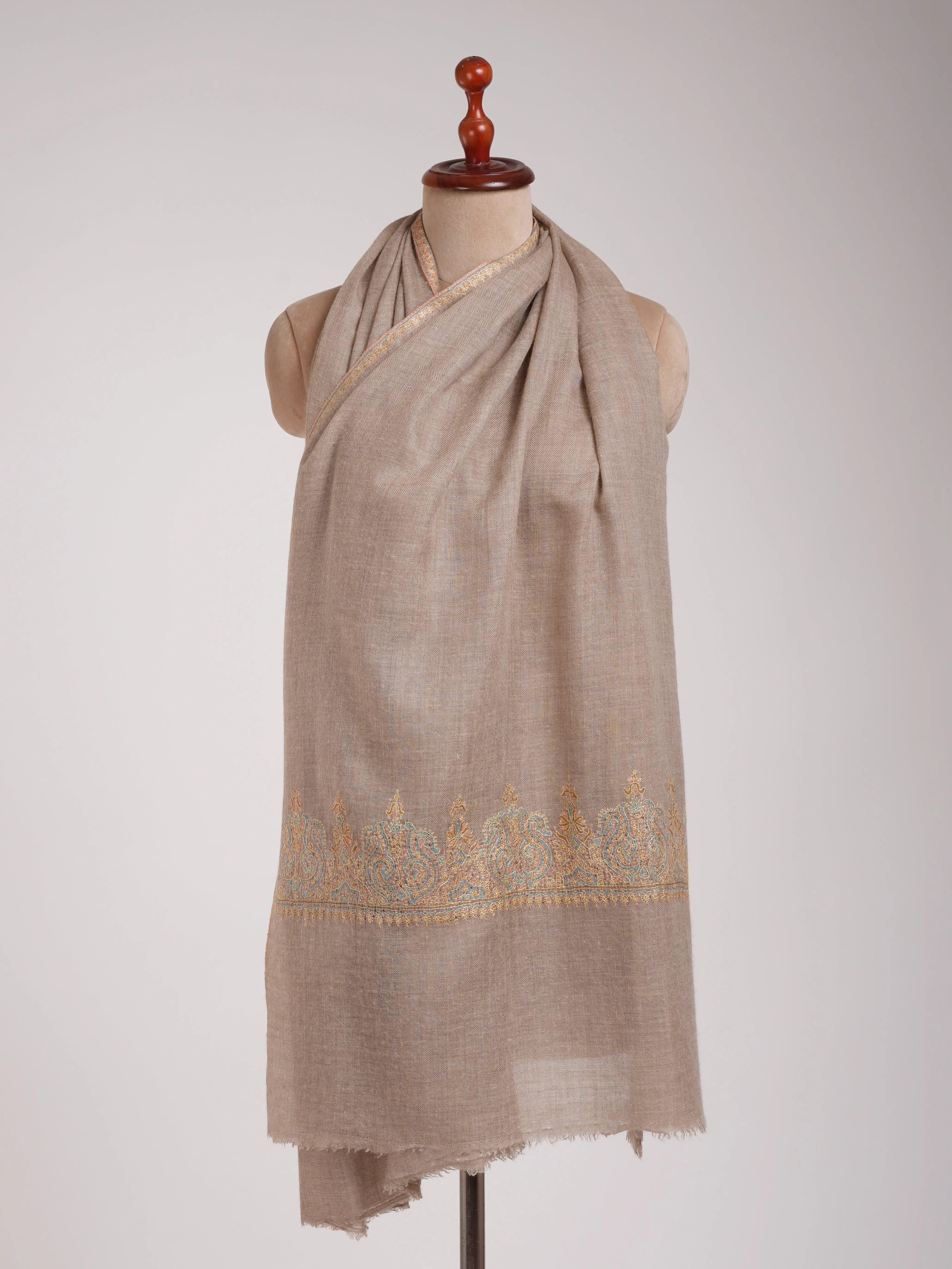Natural Beige Embroidered Featherweight Cashmere Scarf Shahkaar
