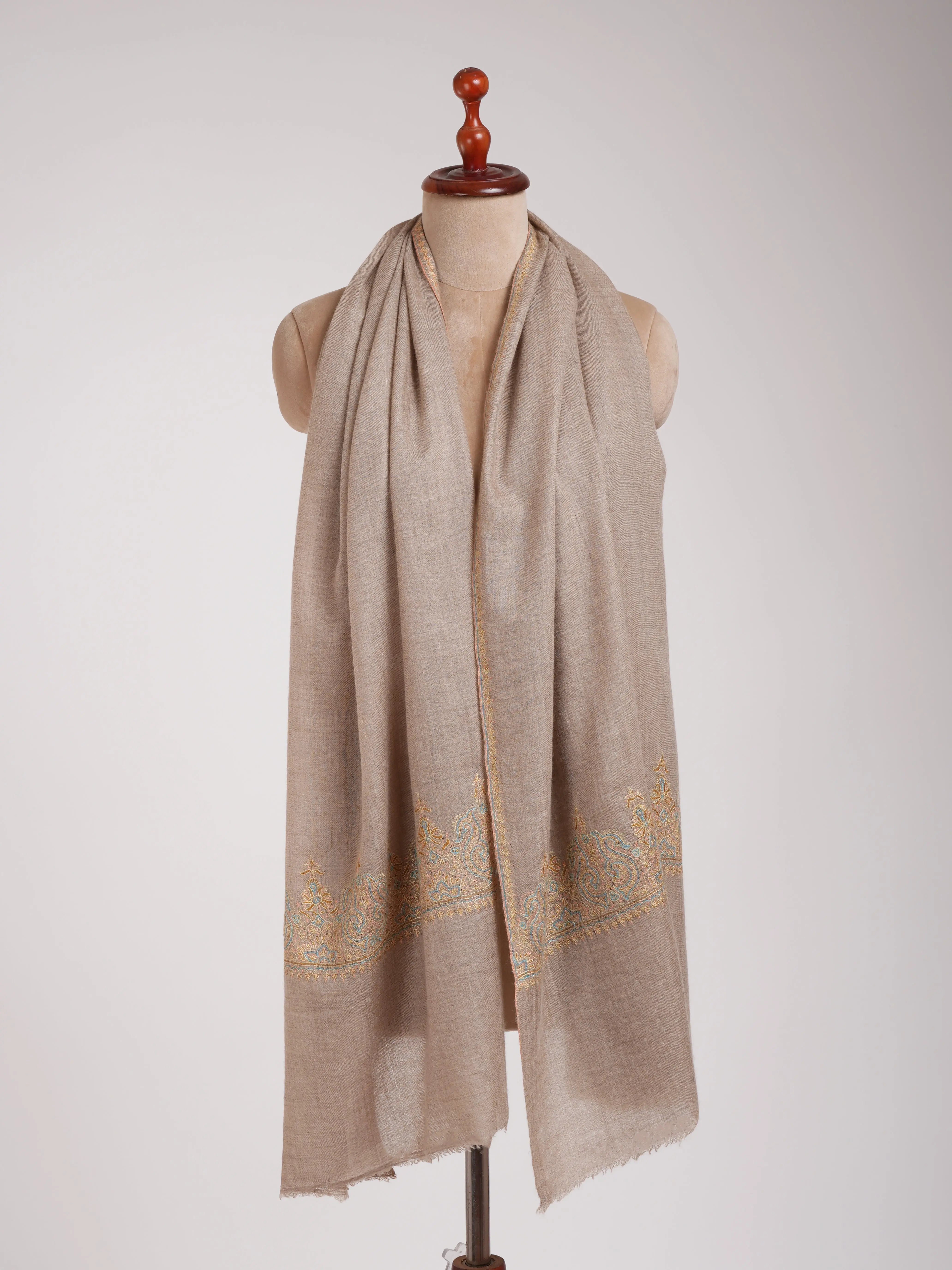 Natural Beige Embroidered Featherweight Cashmere Scarf Shahkaar