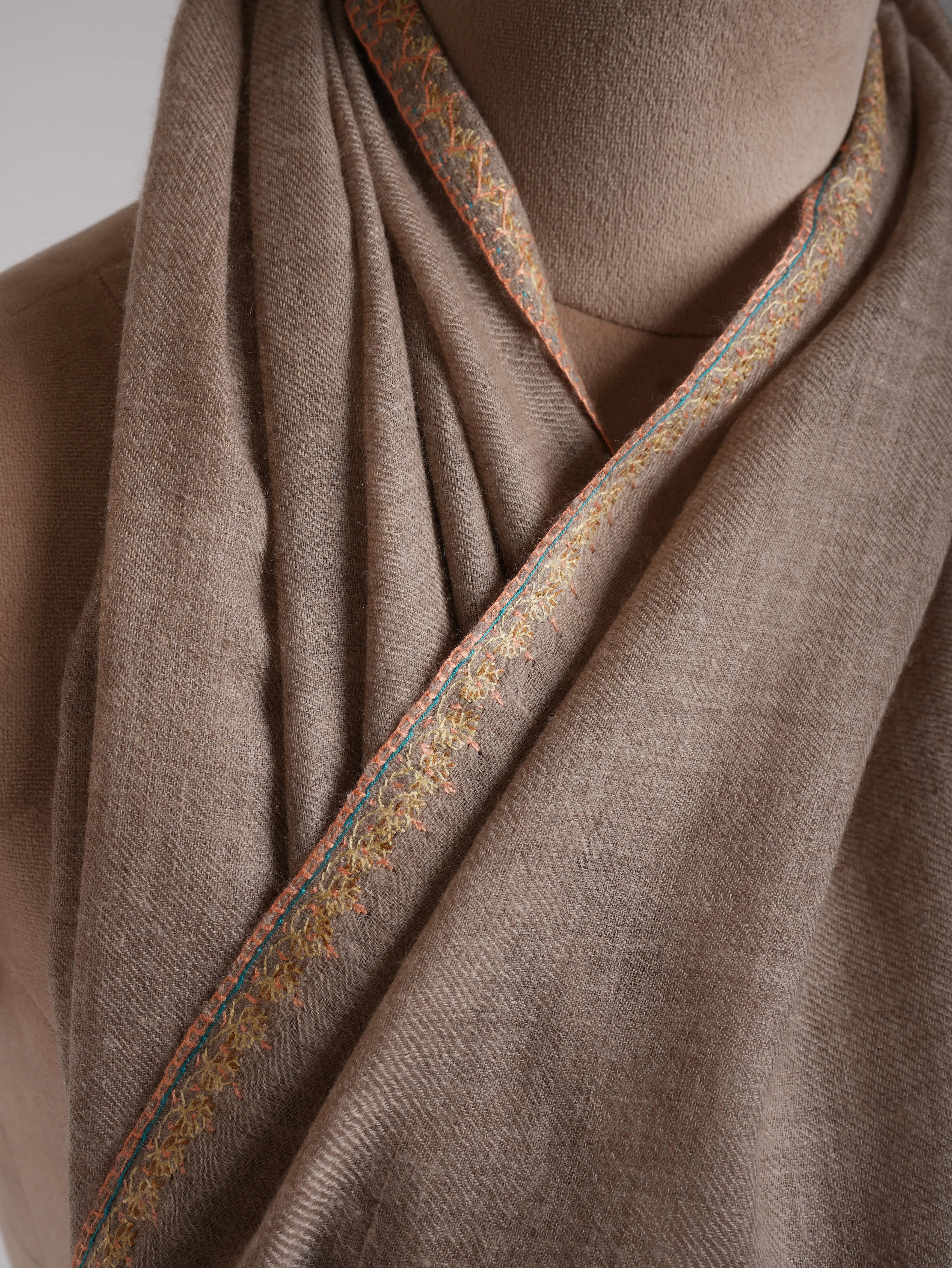 Natural Beige Embroidered Featherweight Cashmere Scarf Shahkaar