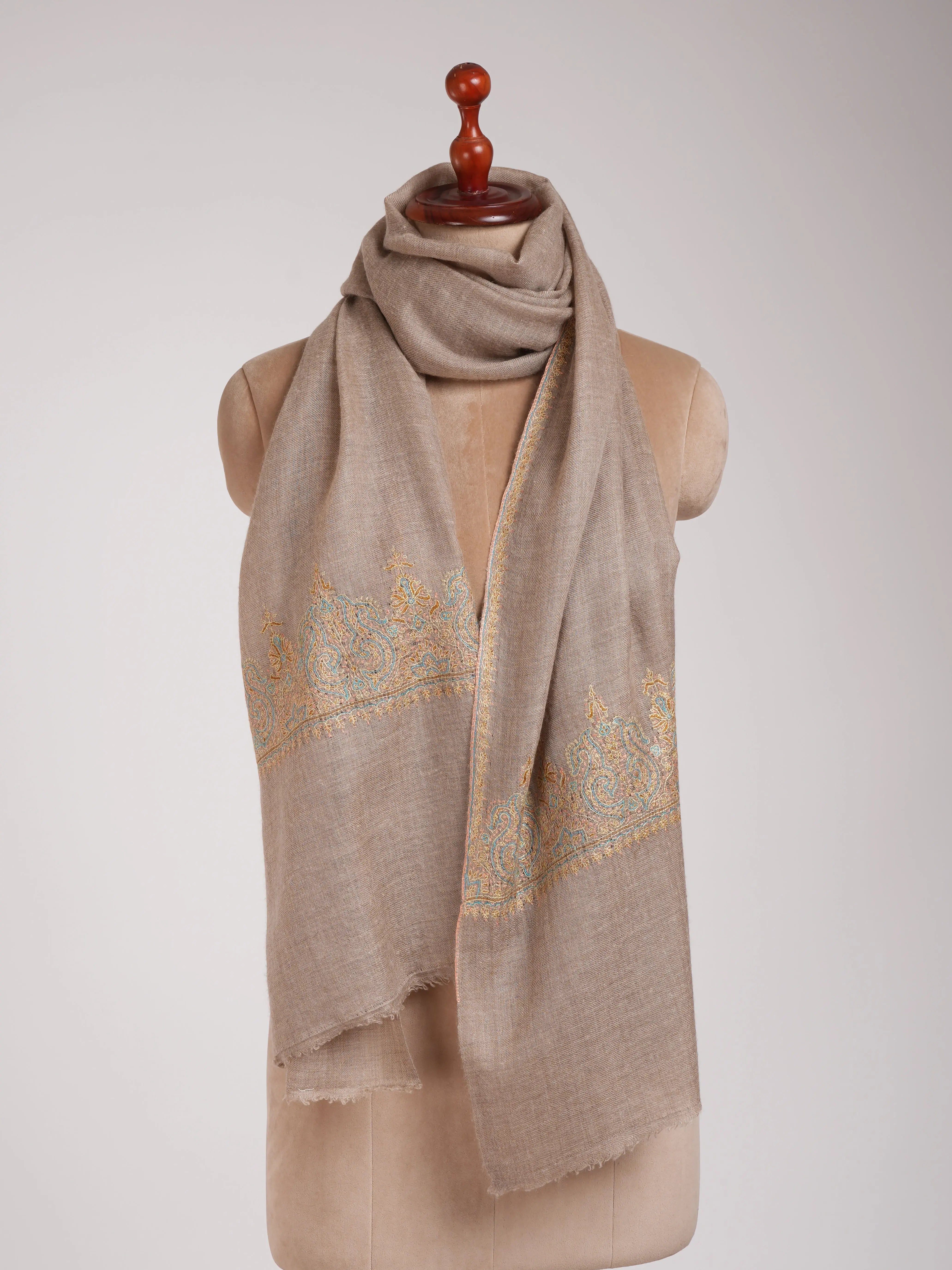 Natural Beige Embroidered Featherweight Cashmere Scarf Shahkaar