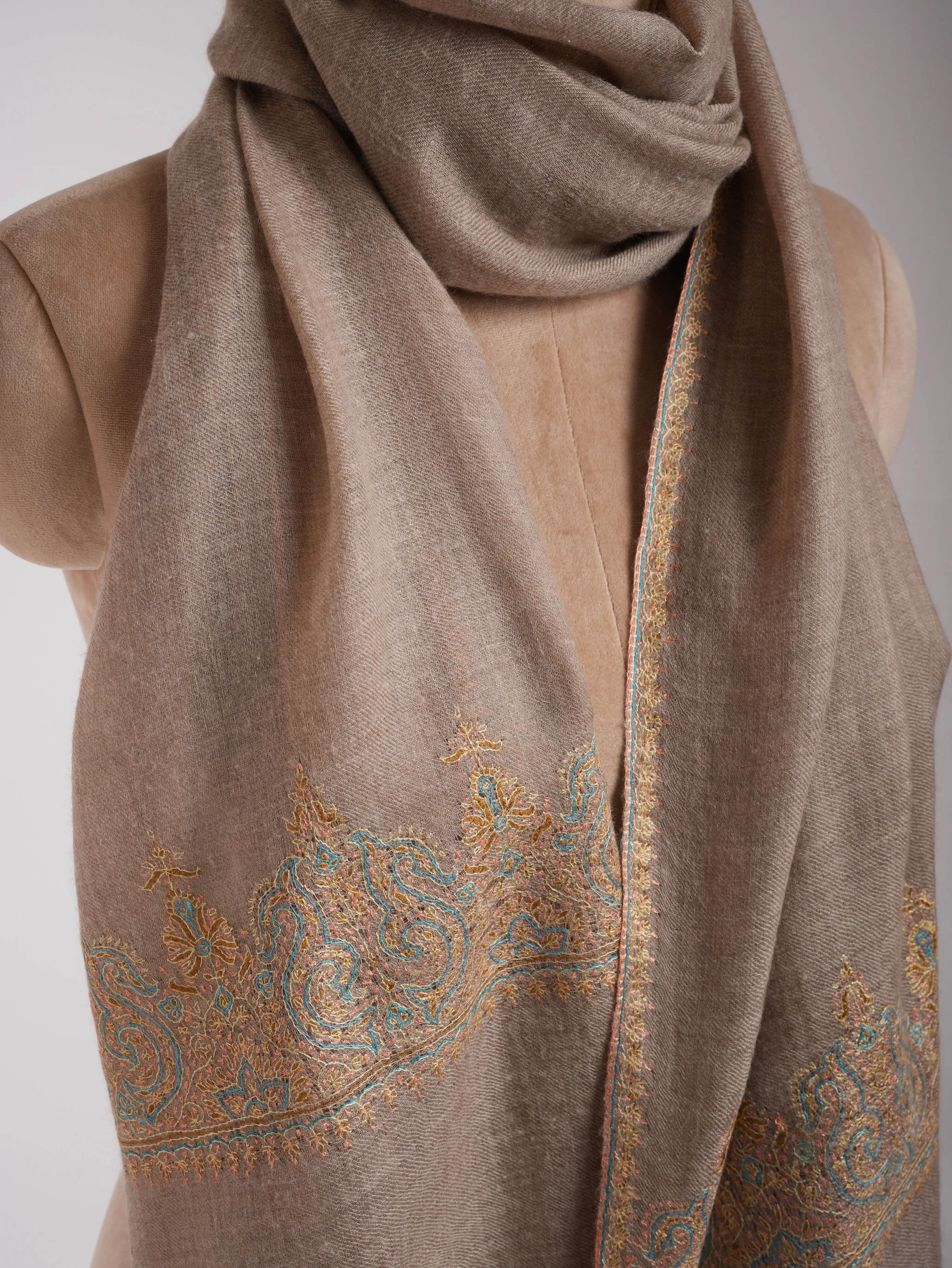 Natural Beige Embroidered Featherweight Cashmere Scarf Shahkaar