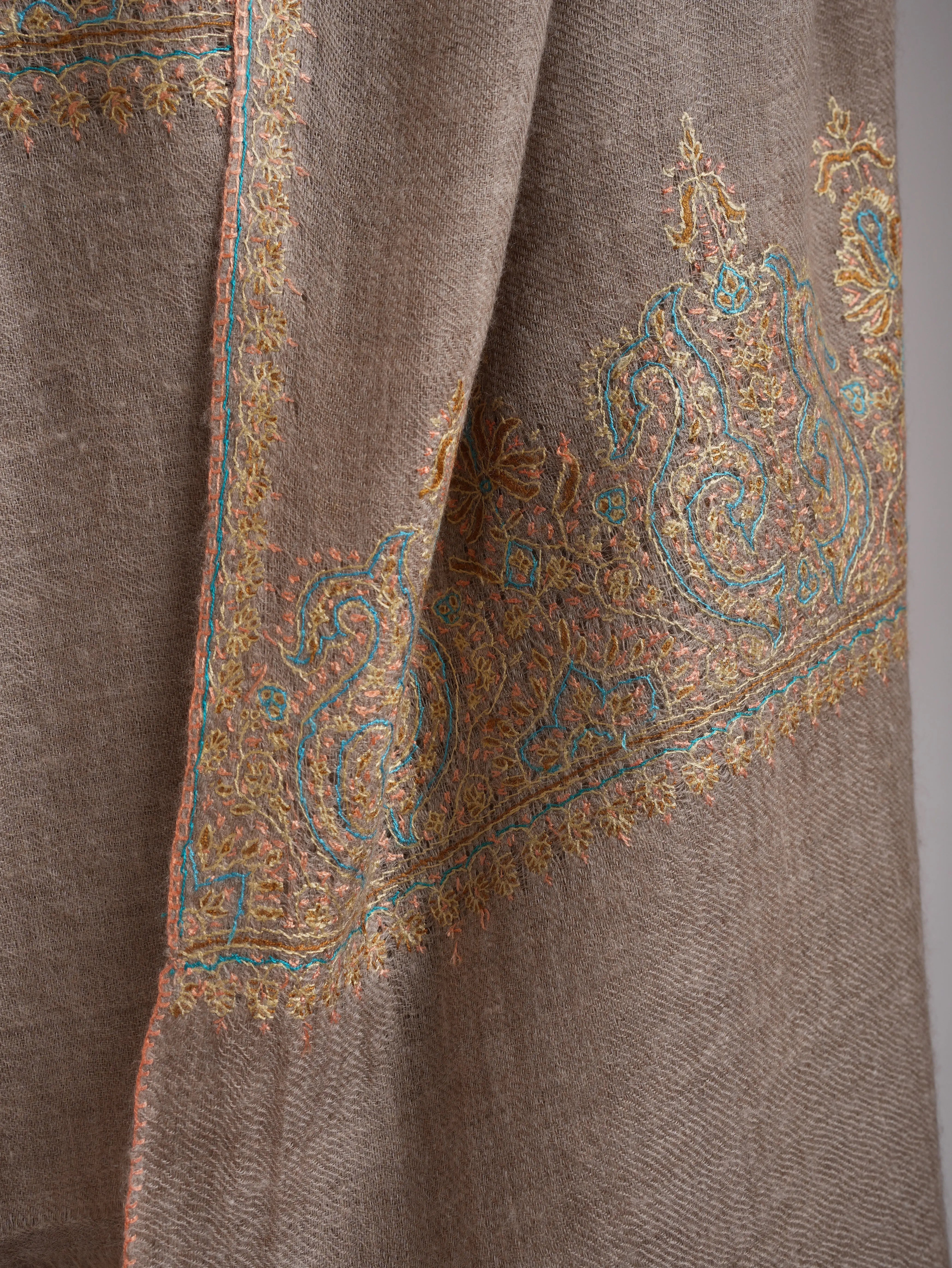 Natural Beige Embroidered Featherweight Cashmere Scarf Shahkaar