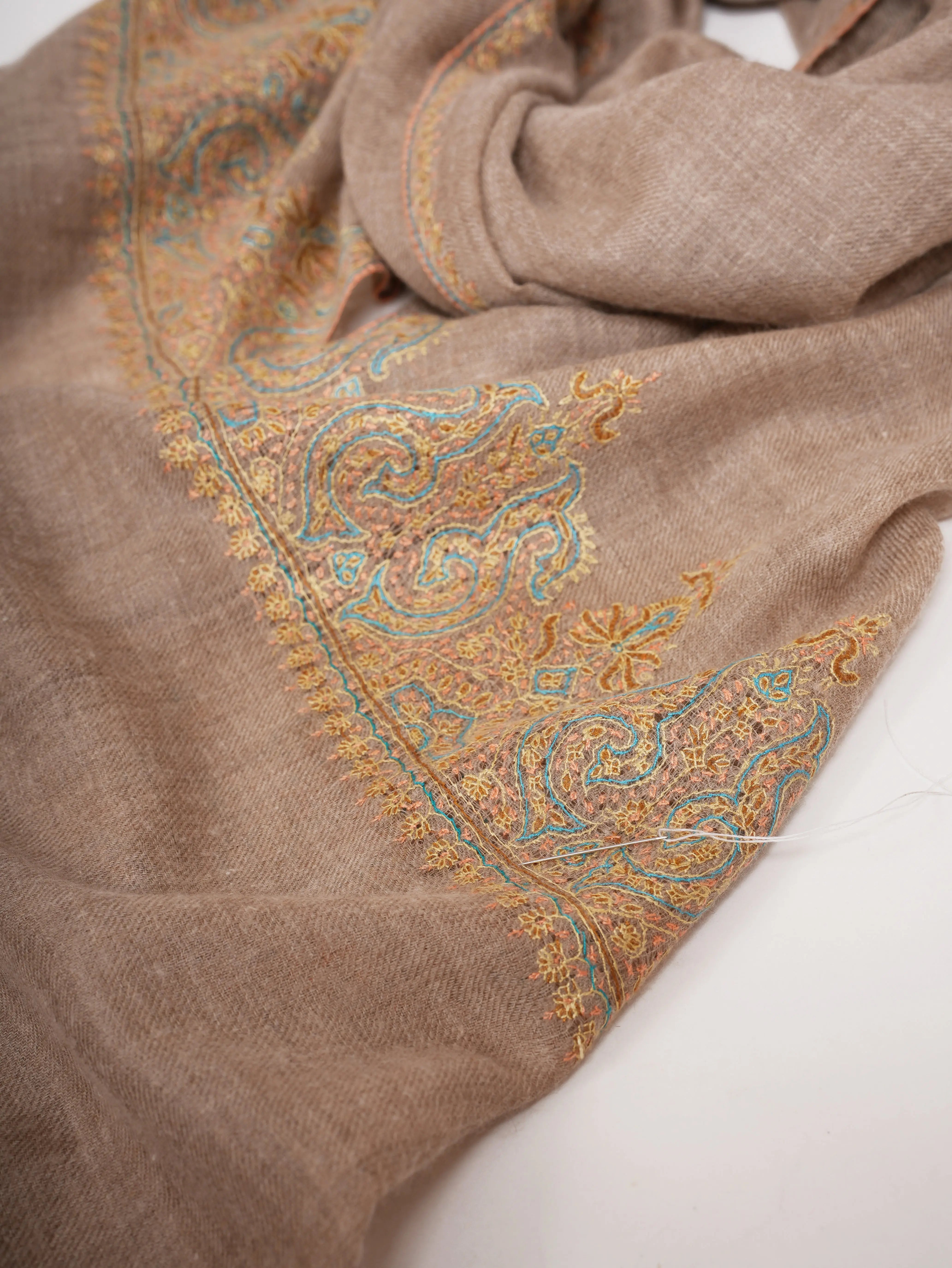 Natural Beige Embroidered Featherweight Cashmere Scarf Shahkaar