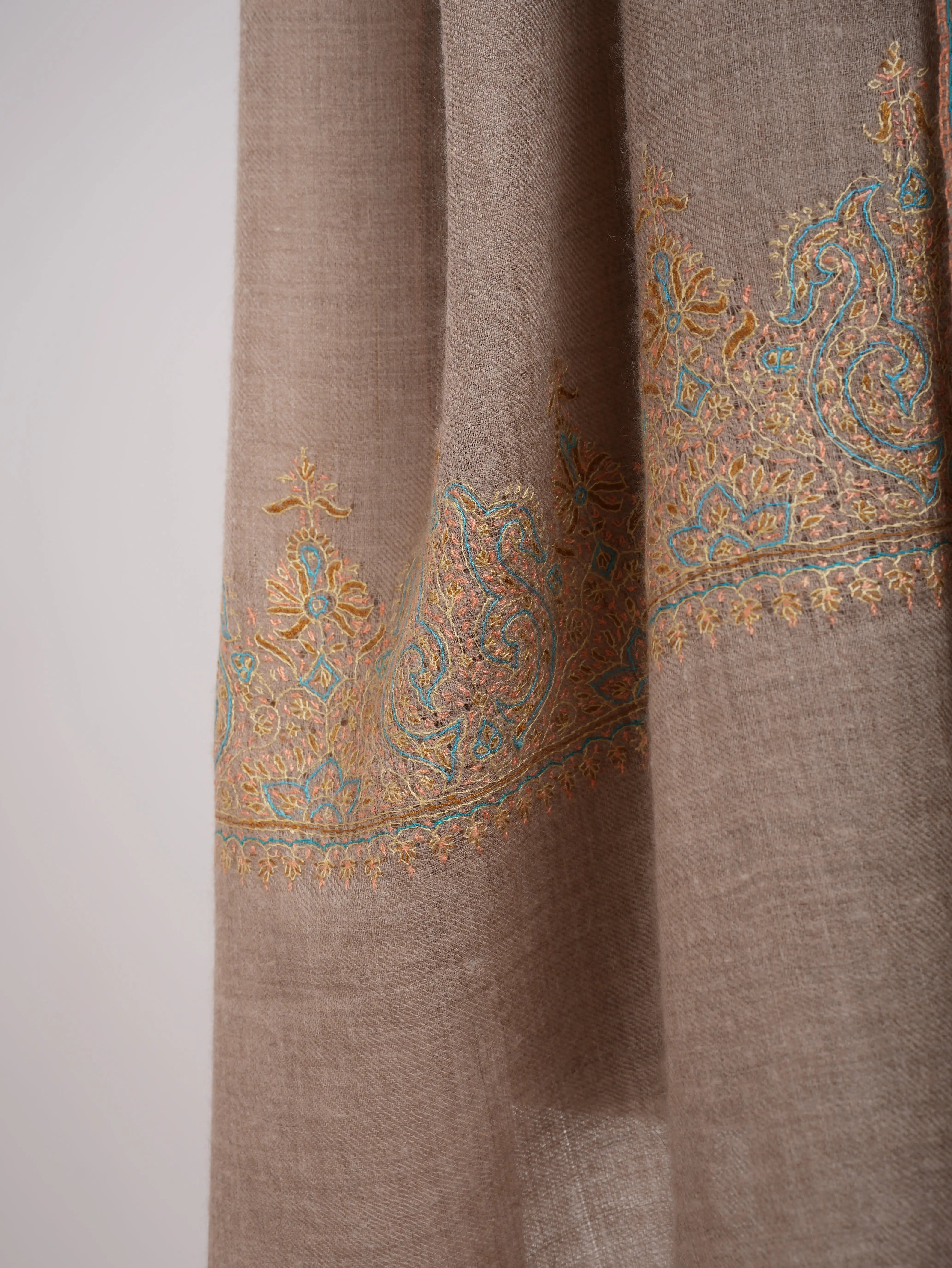 Natural Beige Embroidered Featherweight Cashmere Scarf Shahkaar