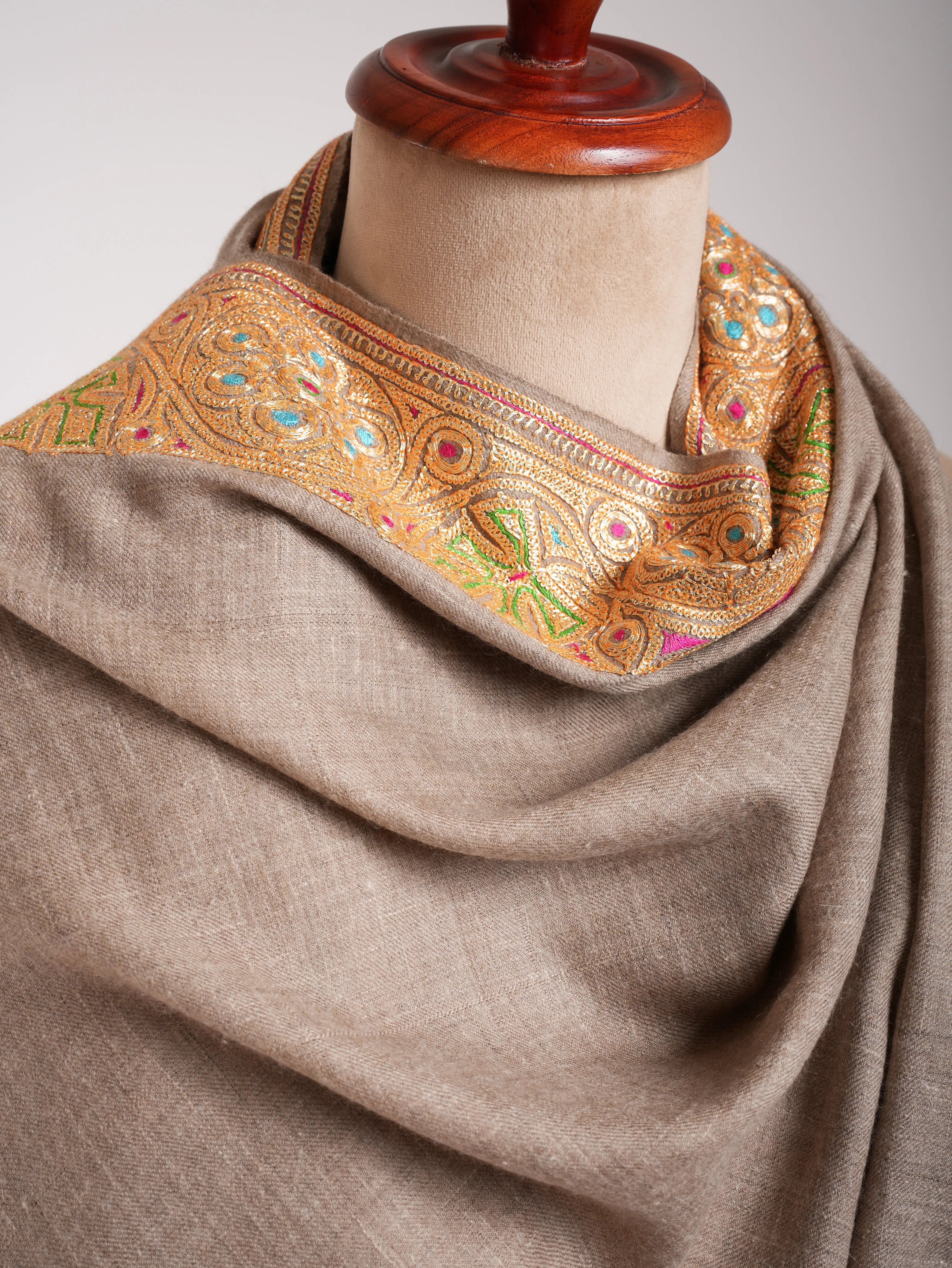 Natural Beige Gold Tilla Embroidered Pashmina Shawl Shahkaar