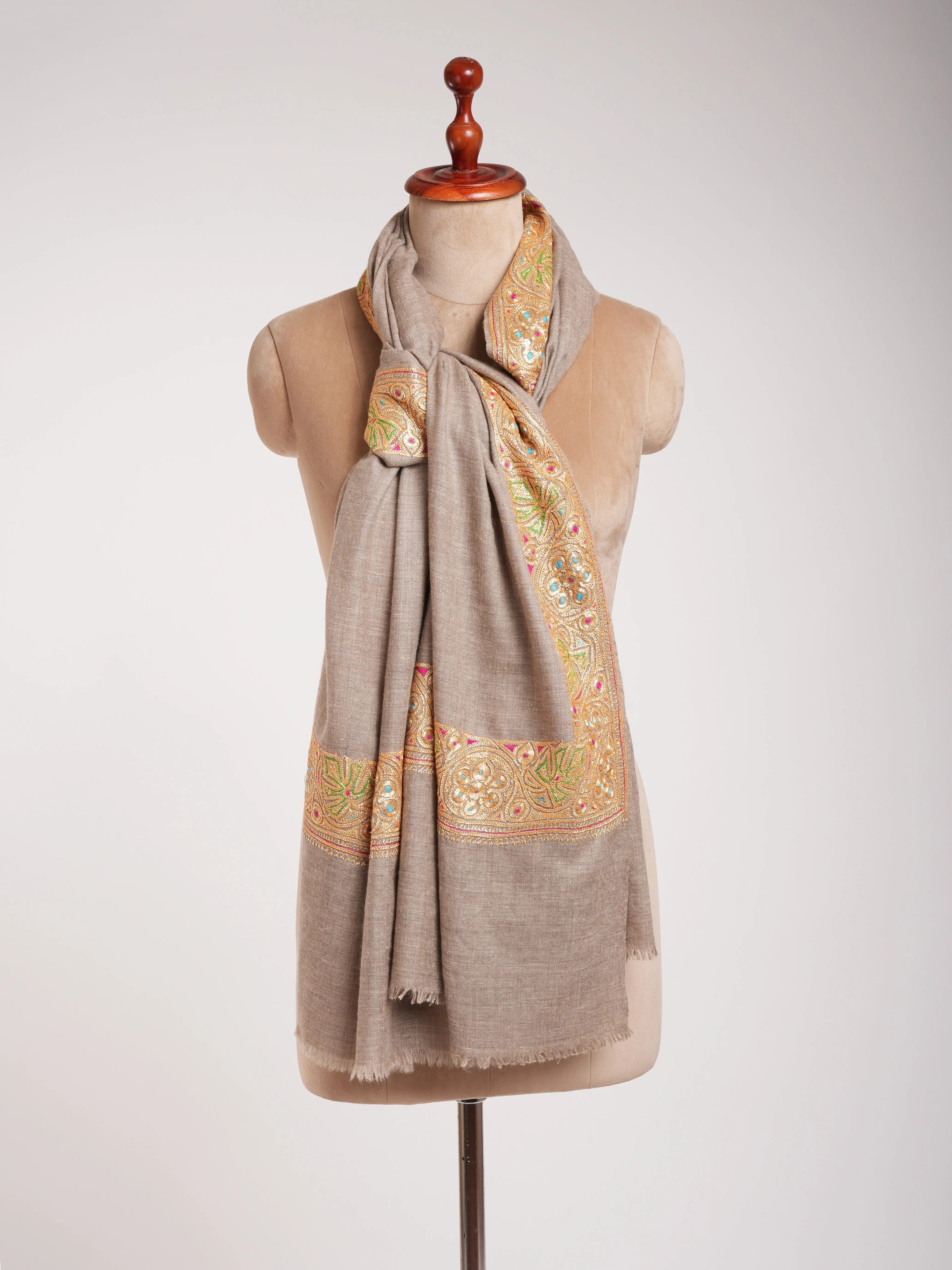 Natural Beige Gold Tilla Embroidered Pashmina Shawl Shahkaar