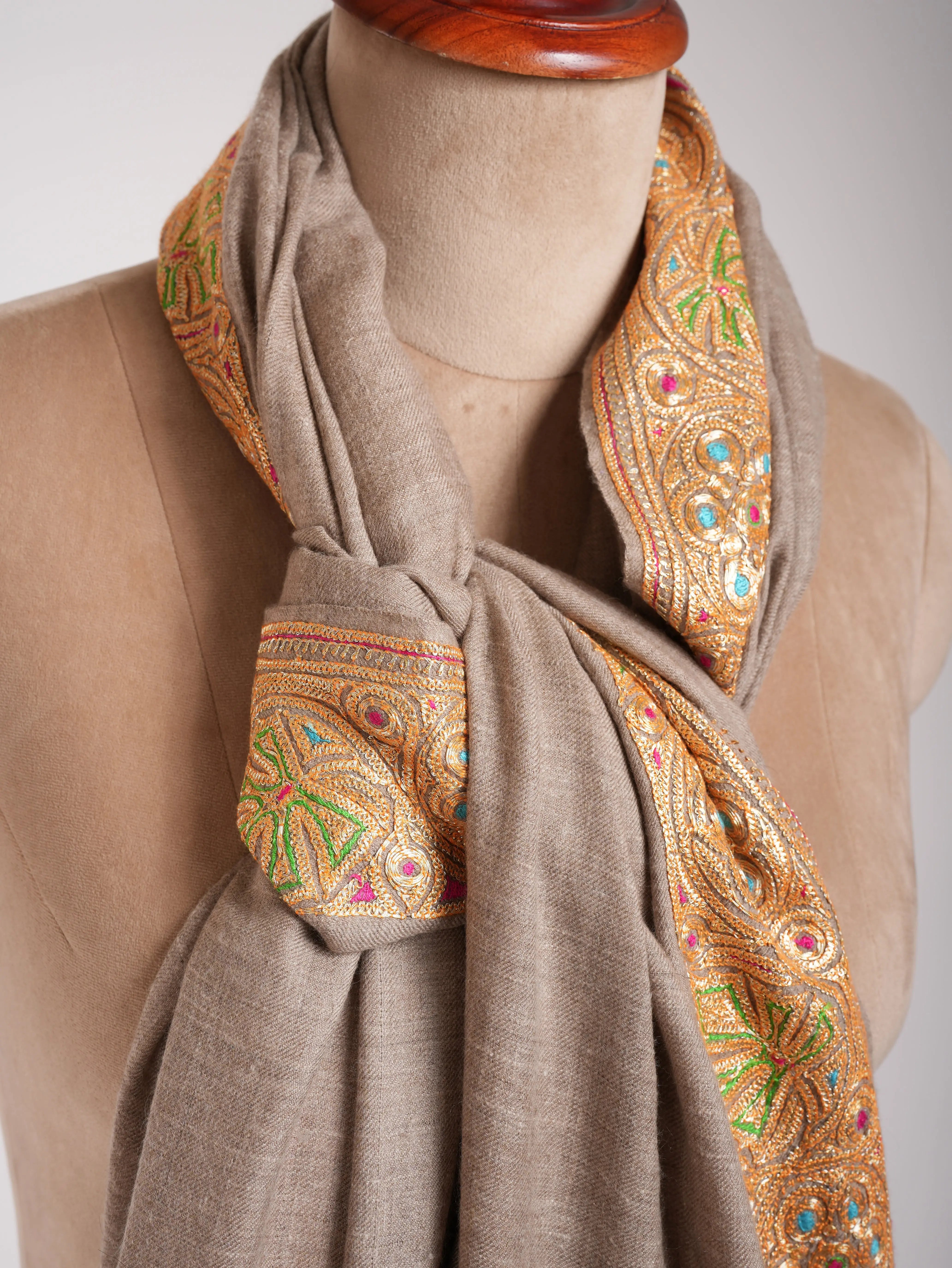 Natural Beige Gold Tilla Embroidered Pashmina Shawl Shahkaar