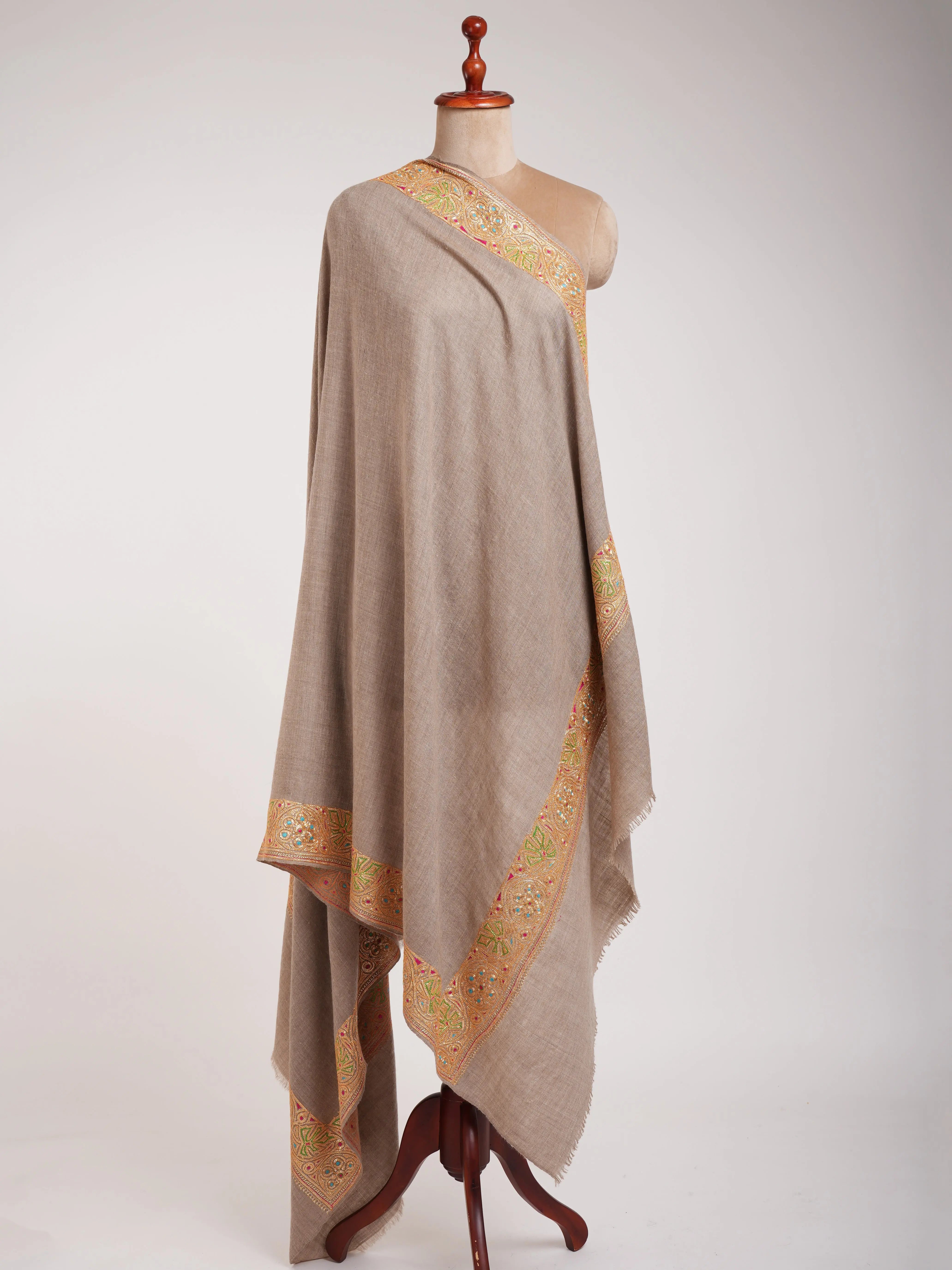 Natural Beige Gold Tilla Embroidered Pashmina Shawl Shahkaar