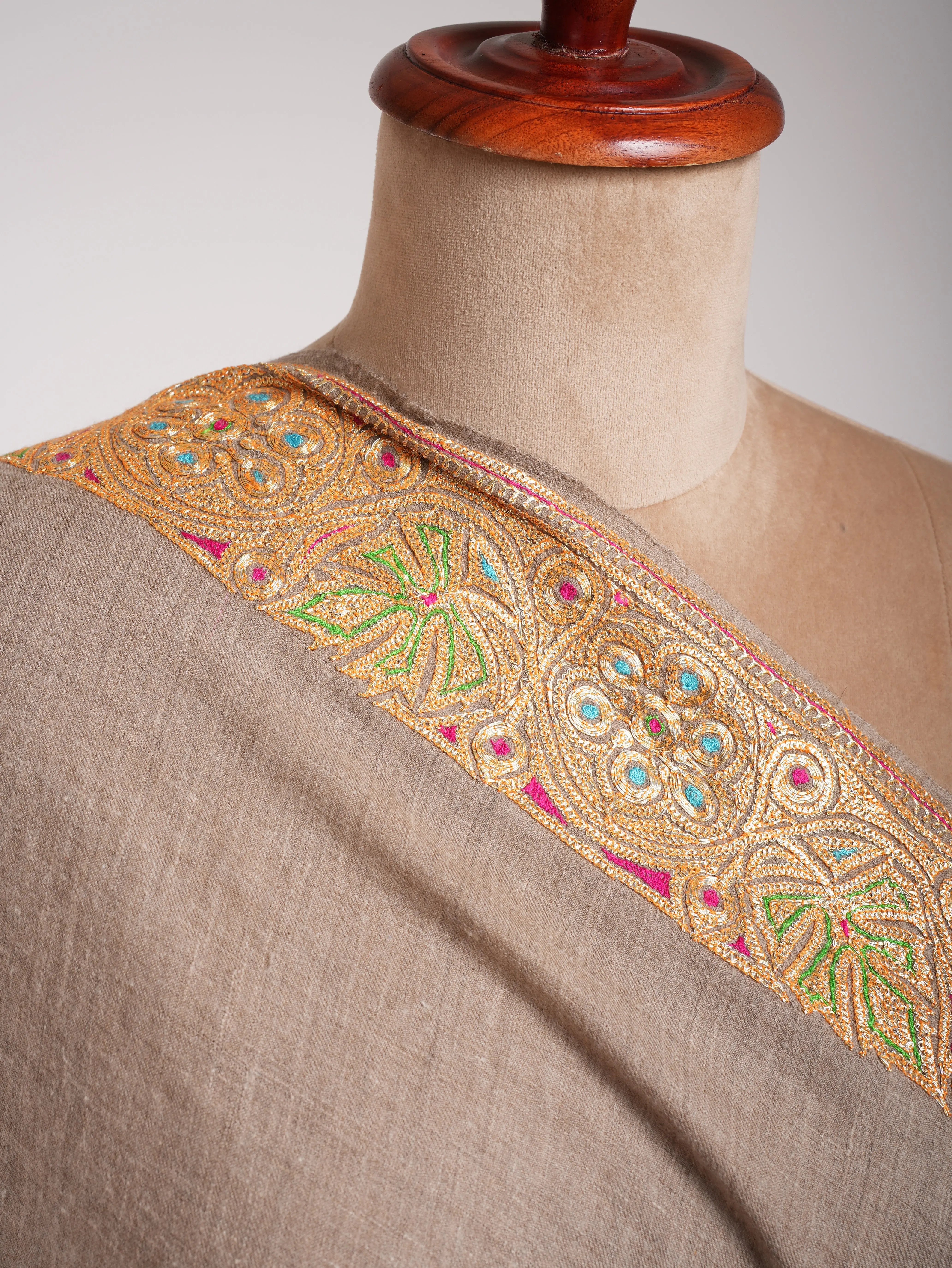 Natural Beige Gold Tilla Embroidered Pashmina Shawl Shahkaar