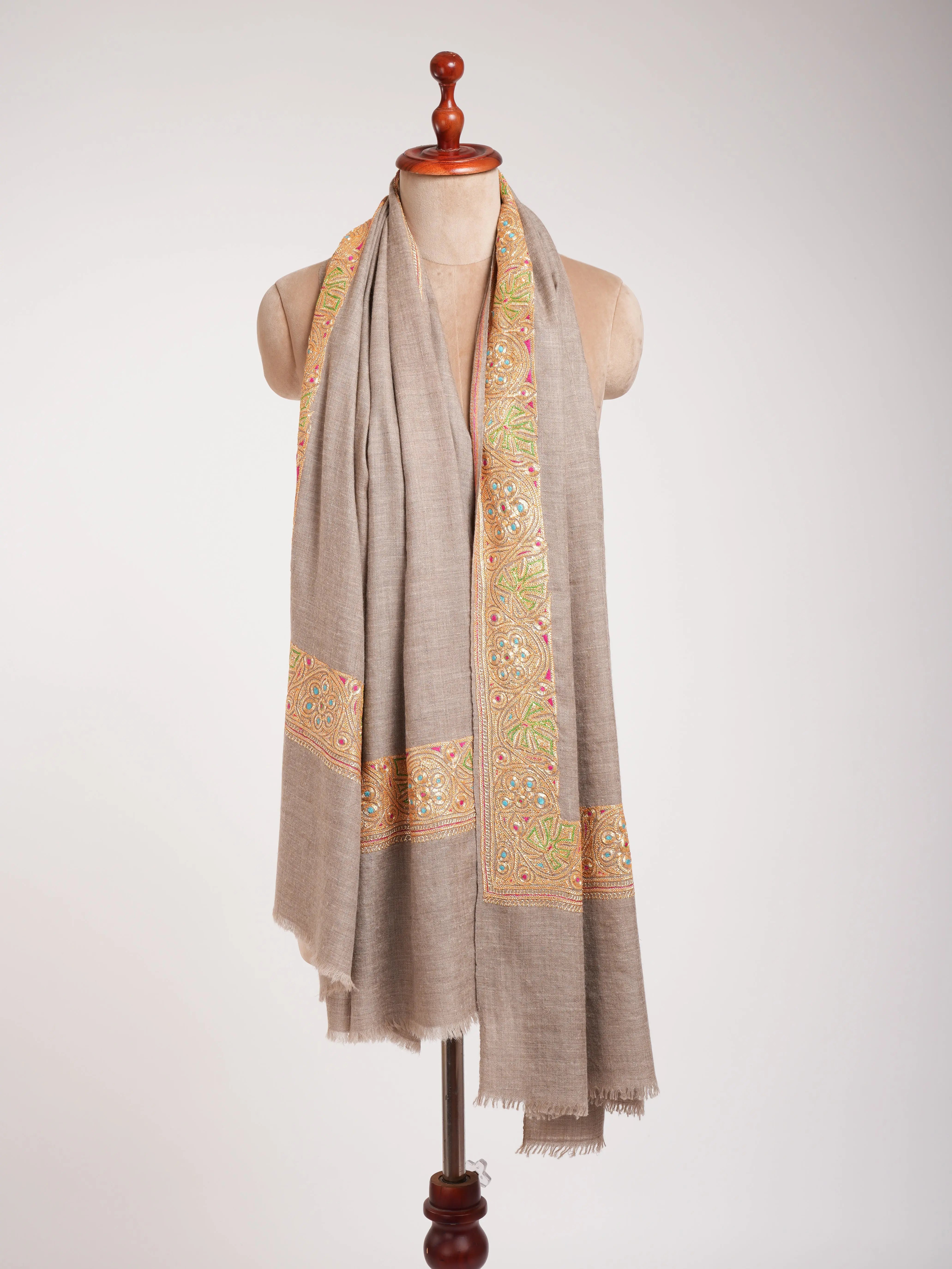 Natural Beige Gold Tilla Embroidered Pashmina Shawl Shahkaar