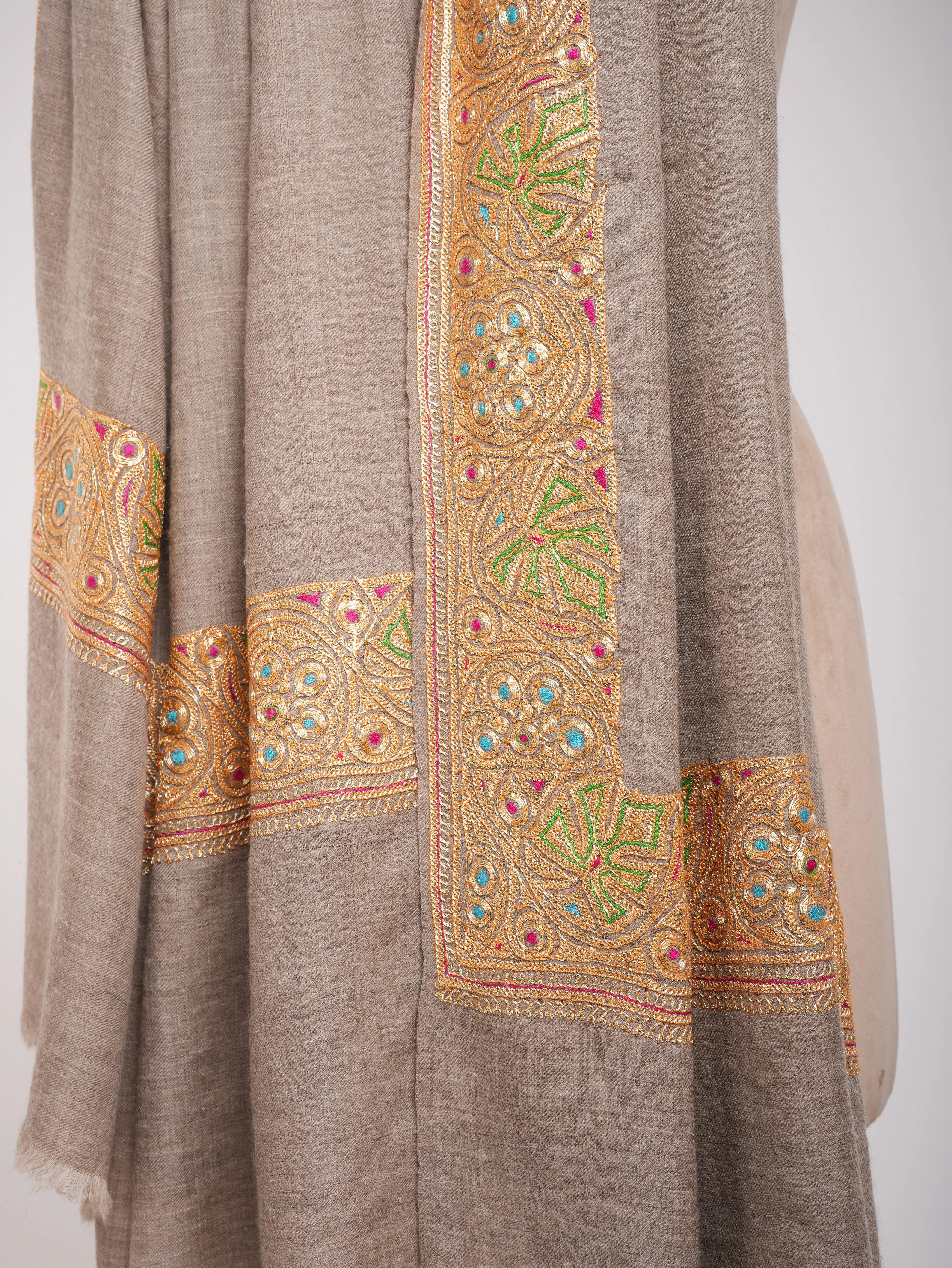 Natural Beige Gold Tilla Embroidered Pashmina Shawl Shahkaar