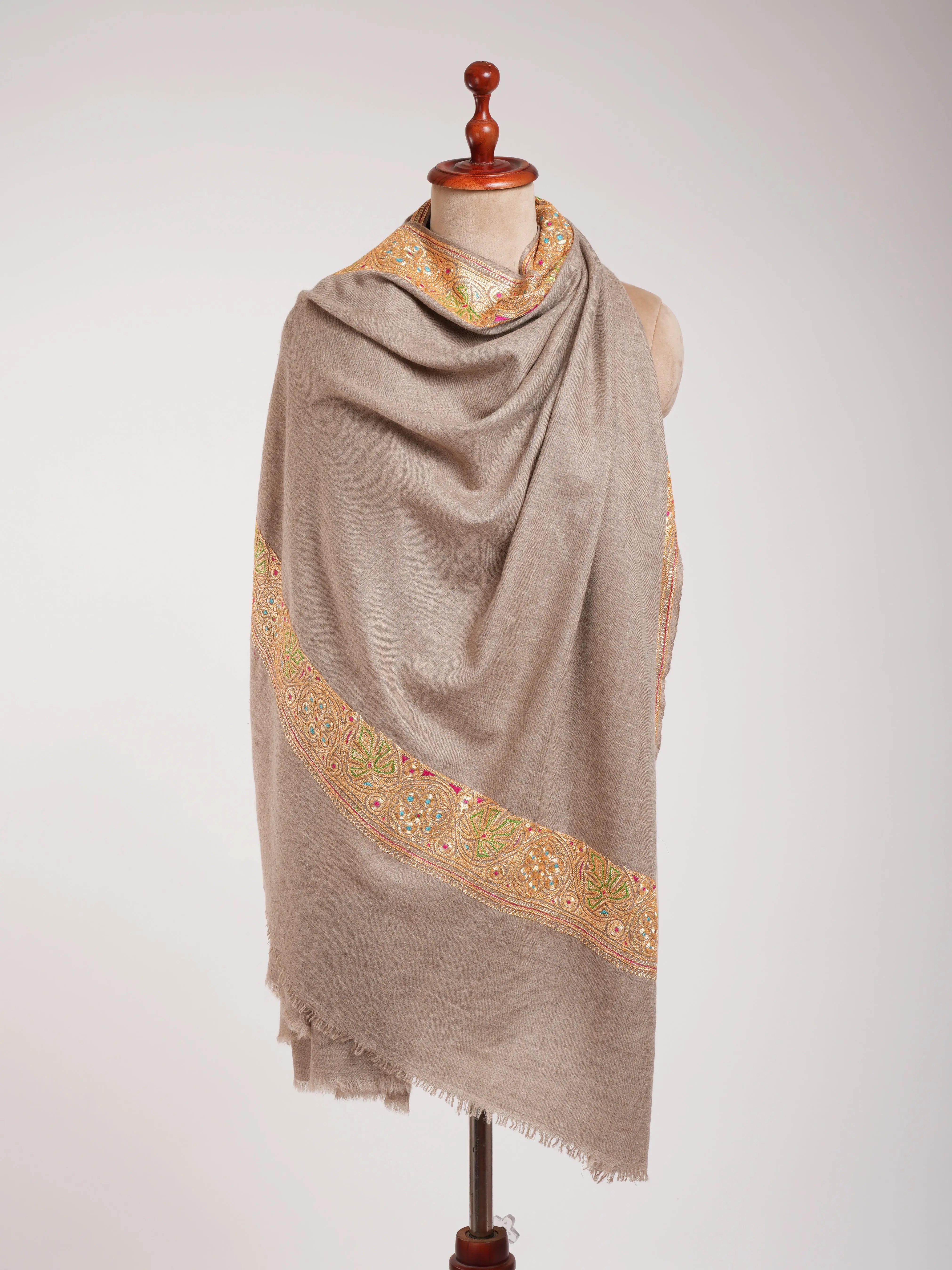 Natural Beige Gold Tilla Embroidered Pashmina Shawl Shahkaar