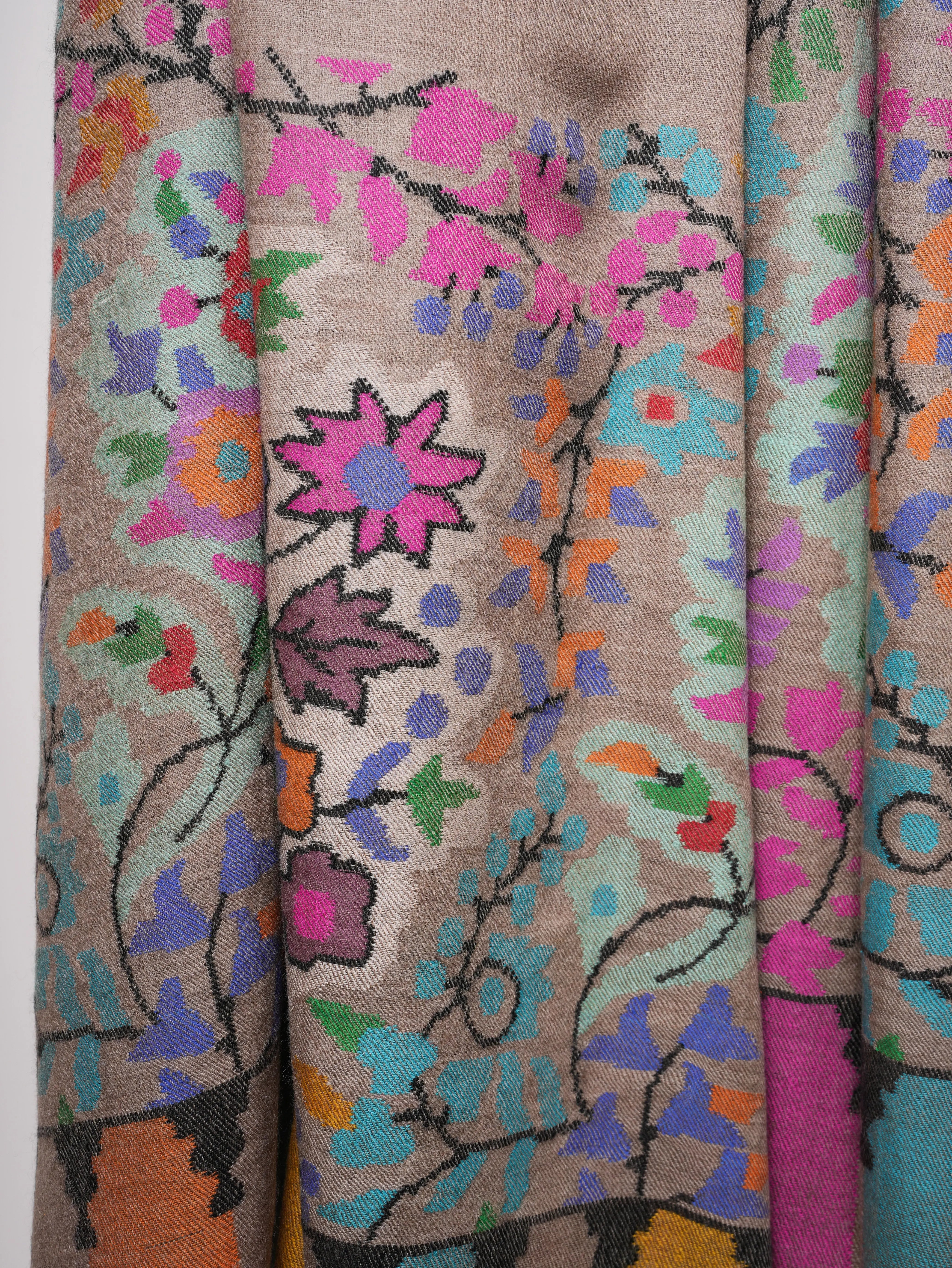 Natural Beige Kani Pashmina Shawl with Floral Motifs Shahkaar