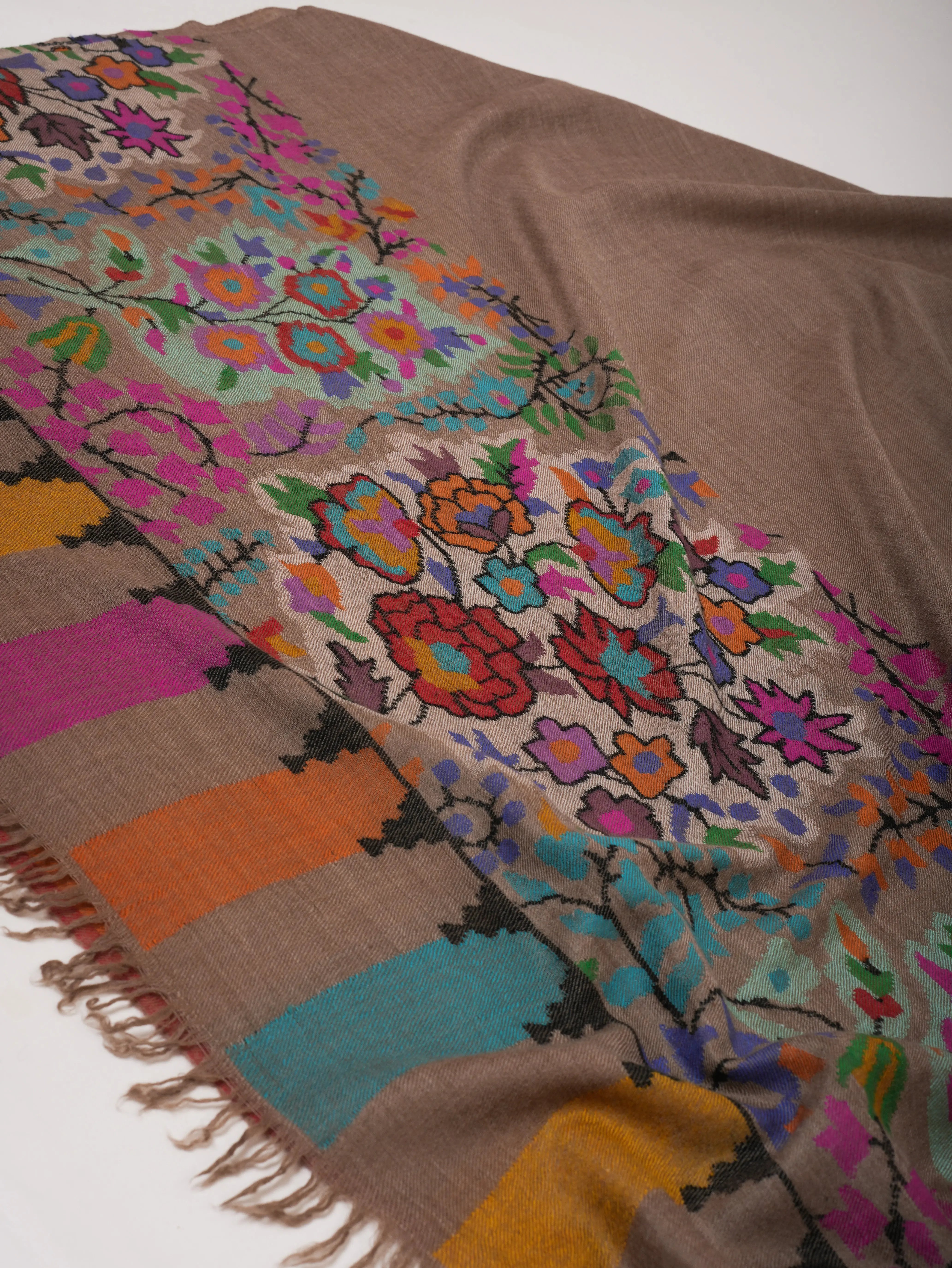 Natural Beige Kani Pashmina Shawl with Floral Motifs Shahkaar