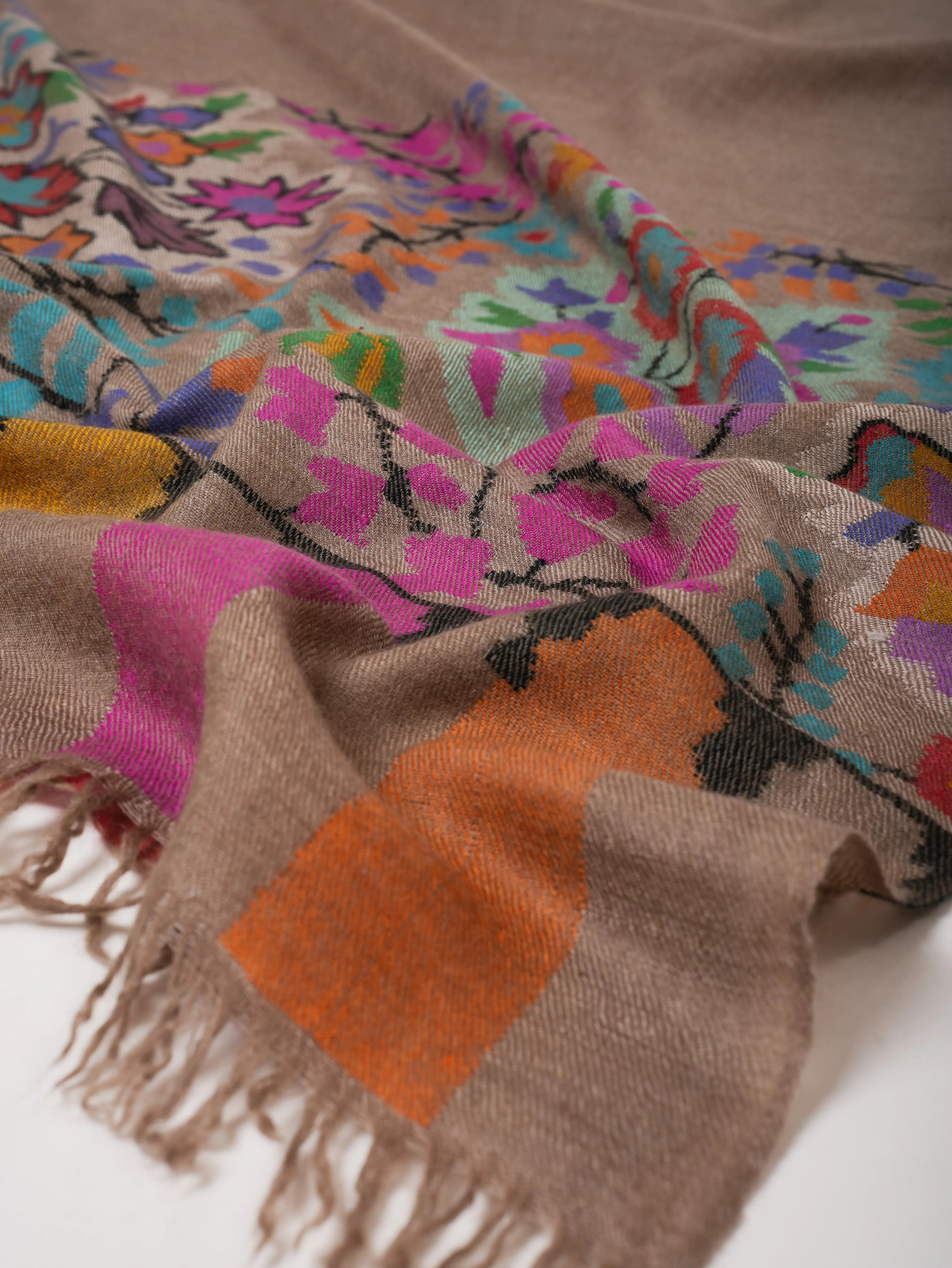 Natural Beige Kani Pashmina Shawl with Floral Motifs Shahkaar