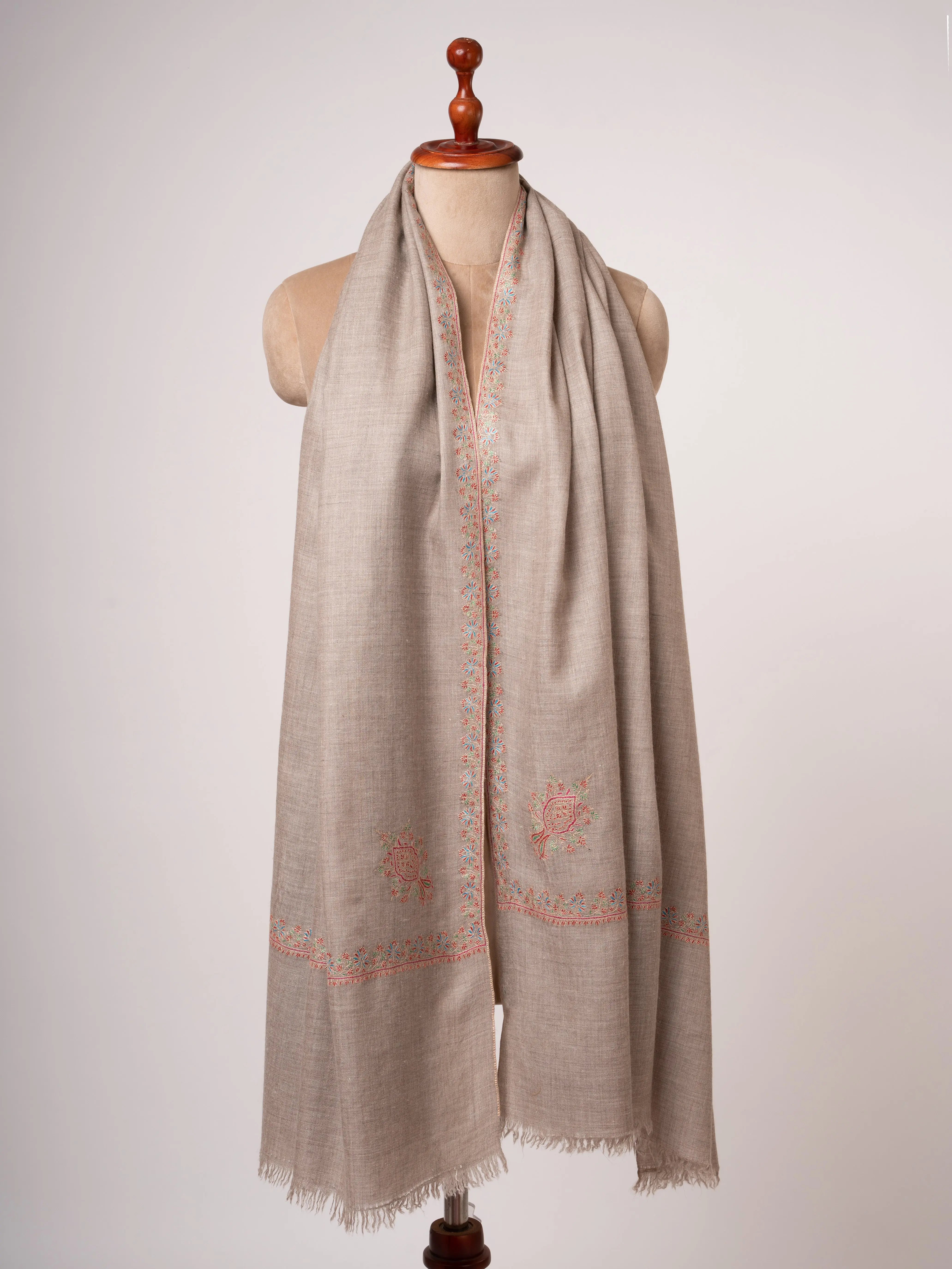 Natural Beige Kashmiri Pashmina Shawl Hashia Embroidery Shahkaar