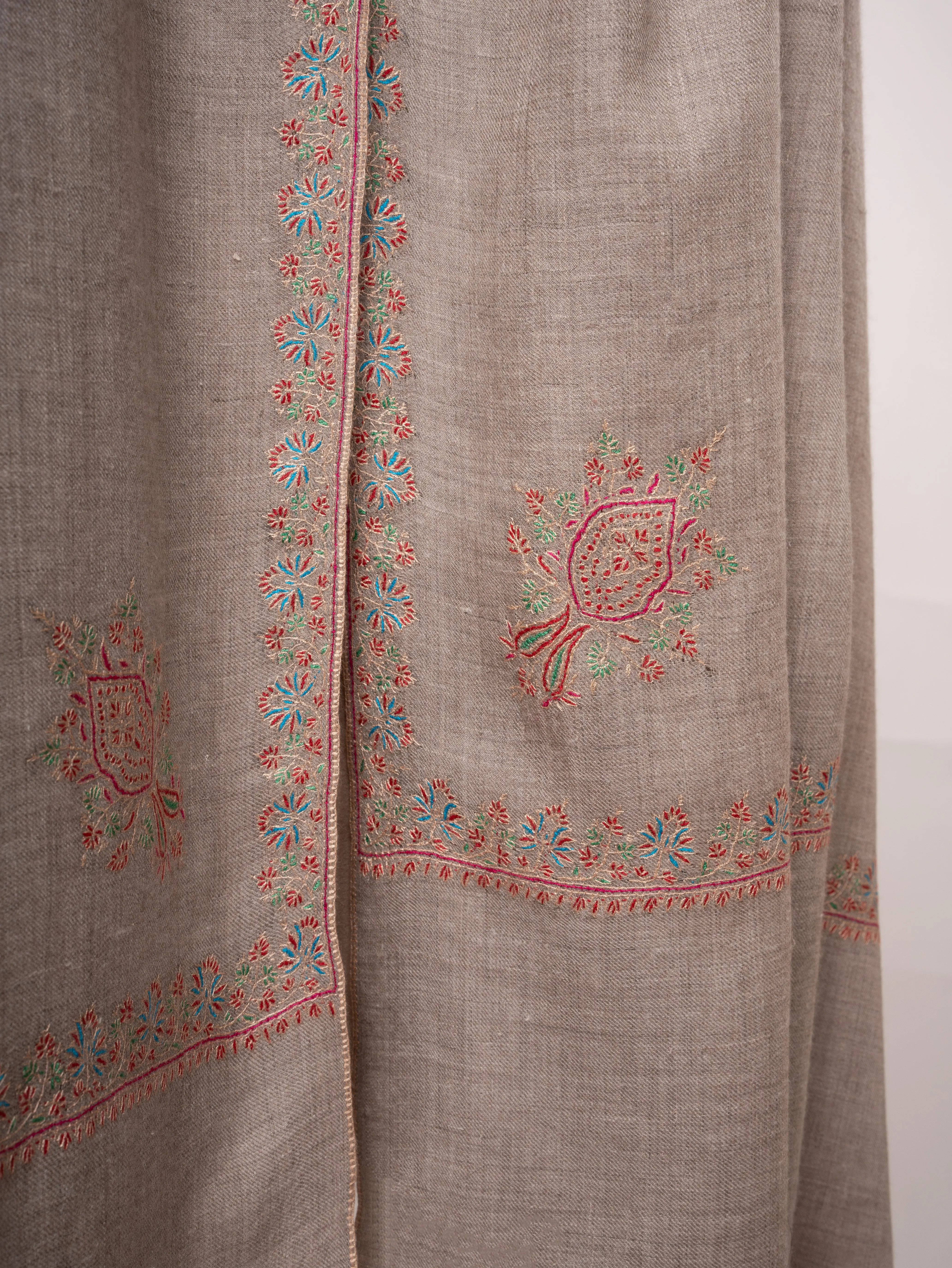 Natural Beige Kashmiri Pashmina Shawl Hashia Embroidery Shahkaar