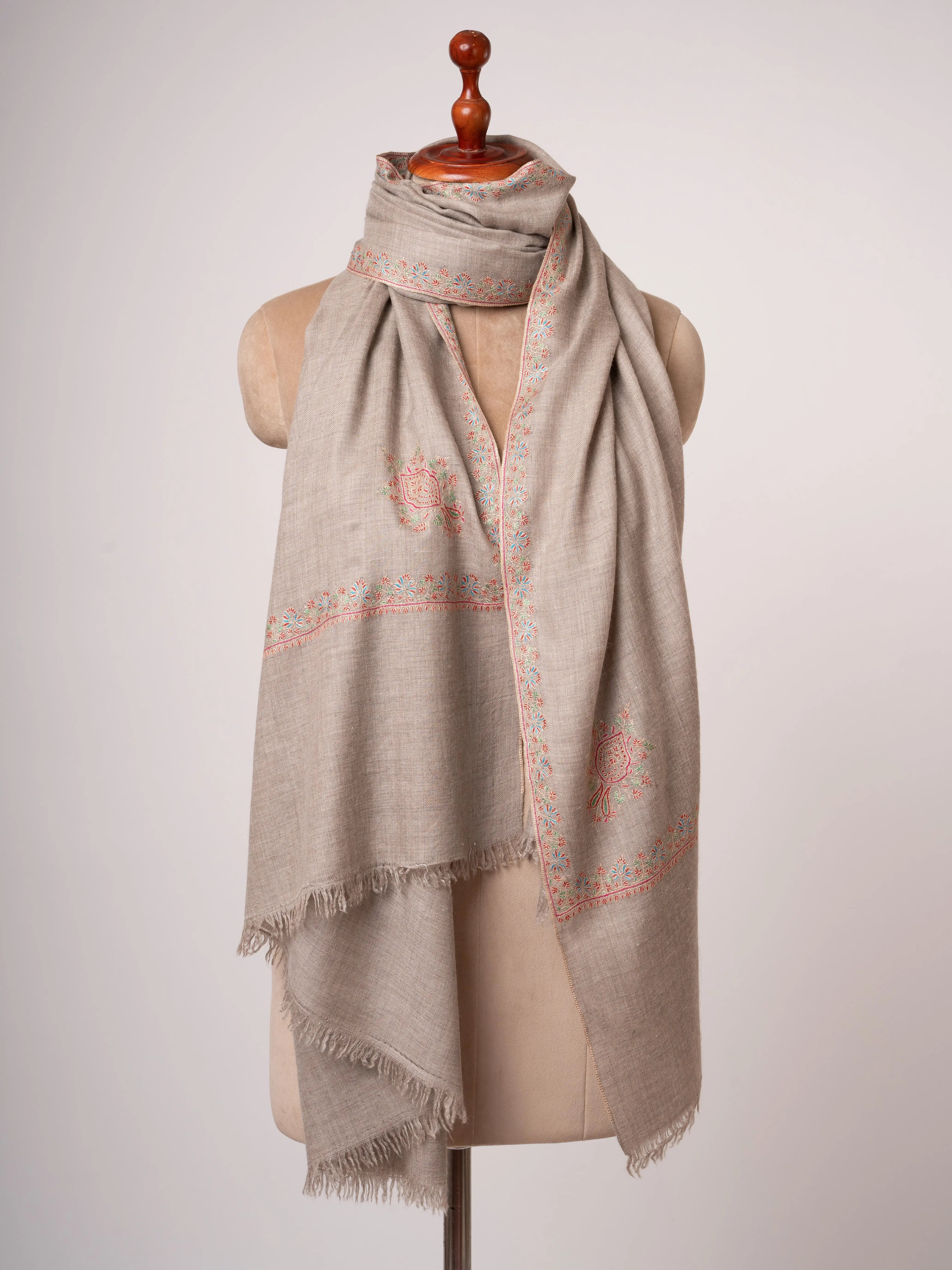 Natural Beige Kashmiri Pashmina Shawl Hashia Embroidery Shahkaar