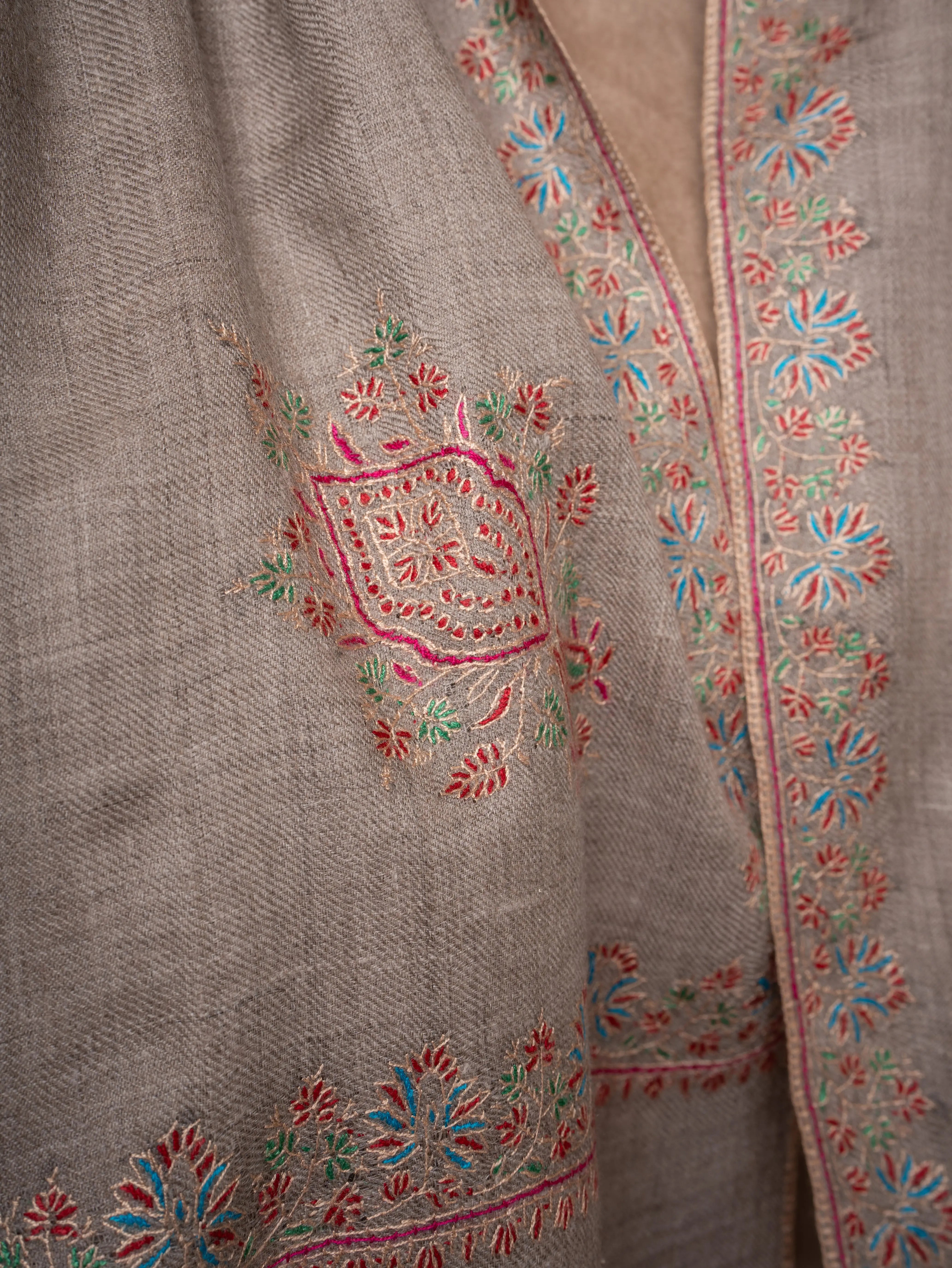 Natural Beige Kashmiri Pashmina Shawl Hashia Embroidery Shahkaar