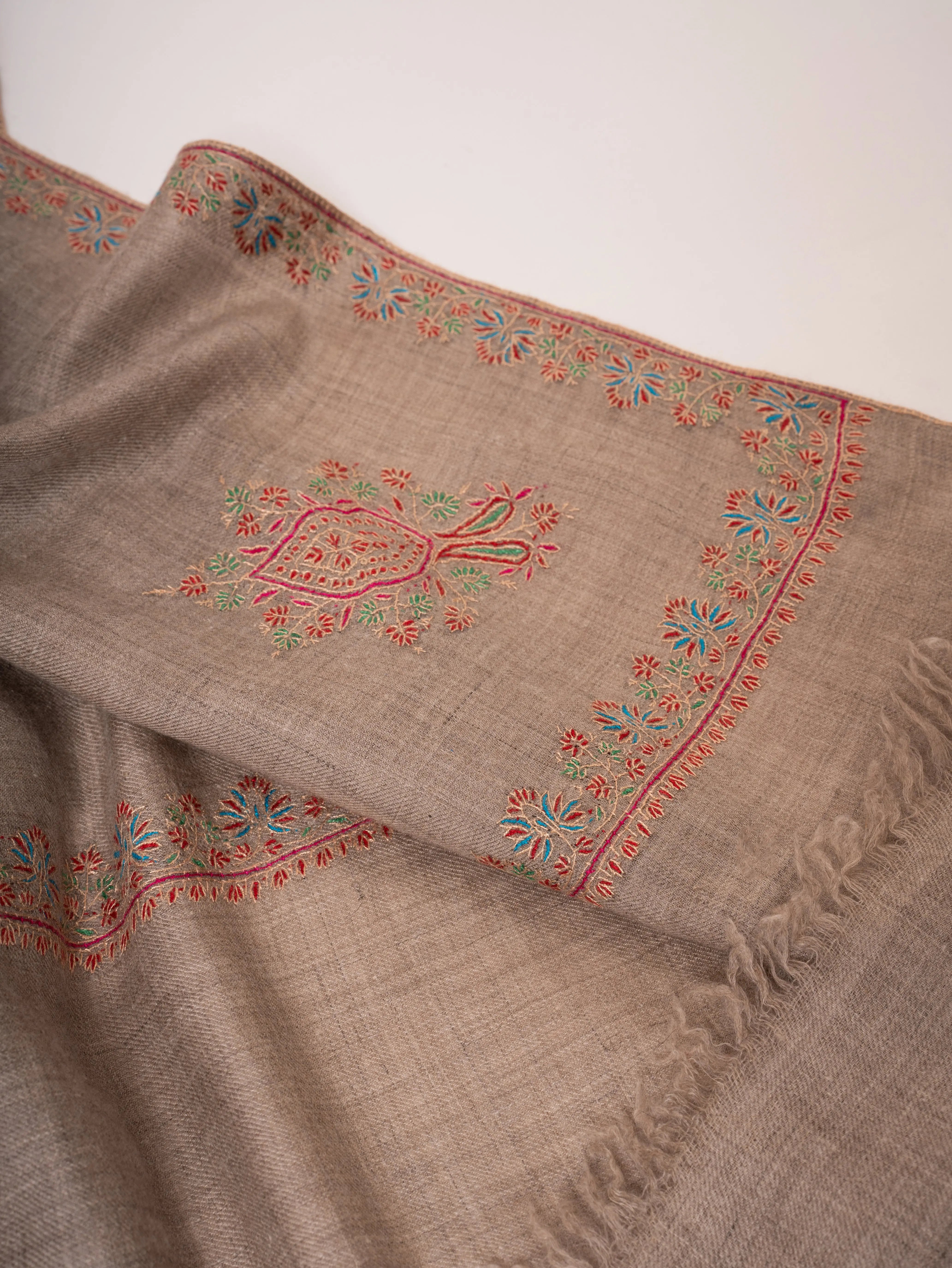 Natural Beige Kashmiri Pashmina Shawl Hashia Embroidery Shahkaar