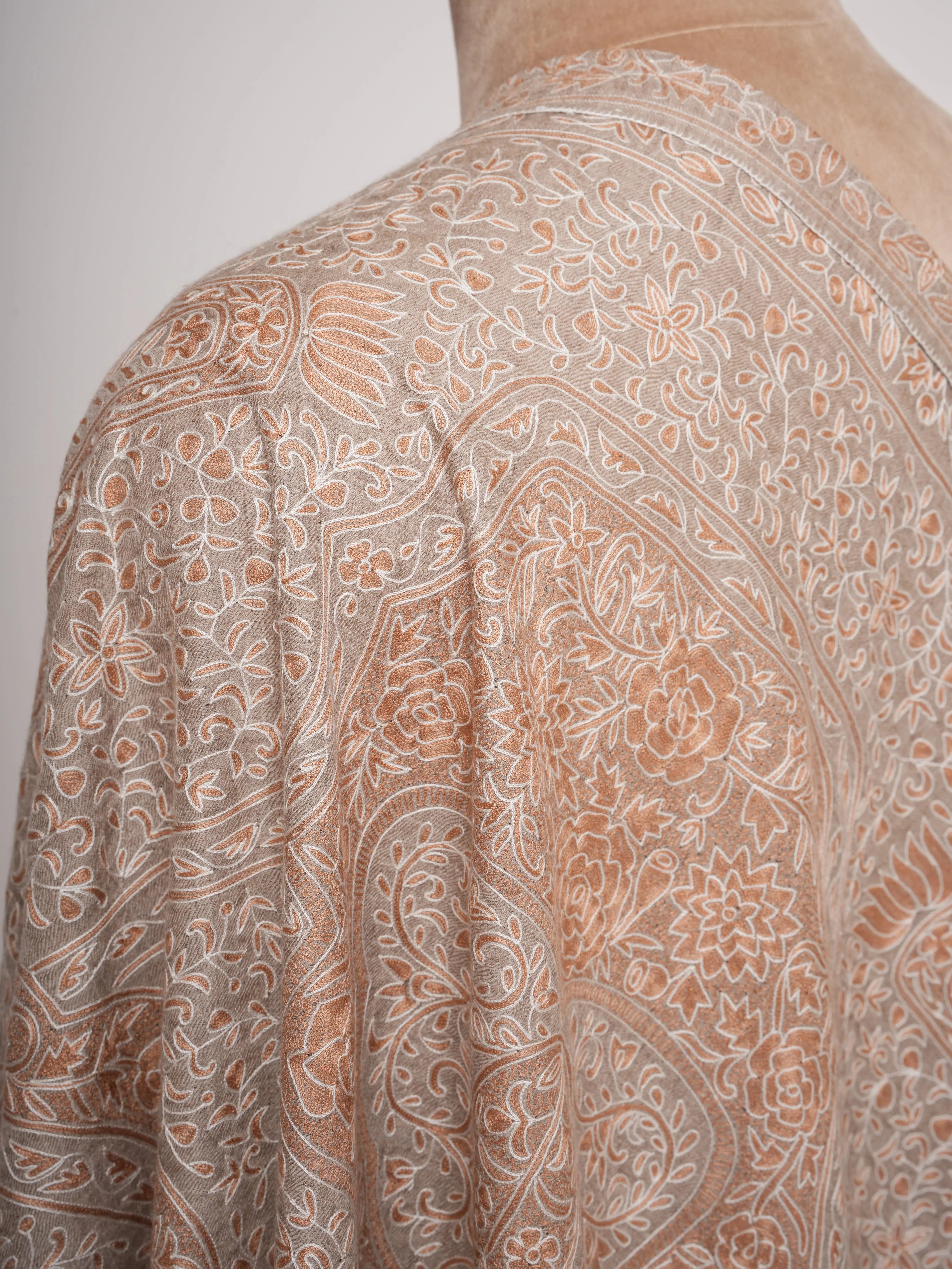 Natural Beige Pashmina Shawl with Hand Embroidered Kalamkari Work Shahkaar