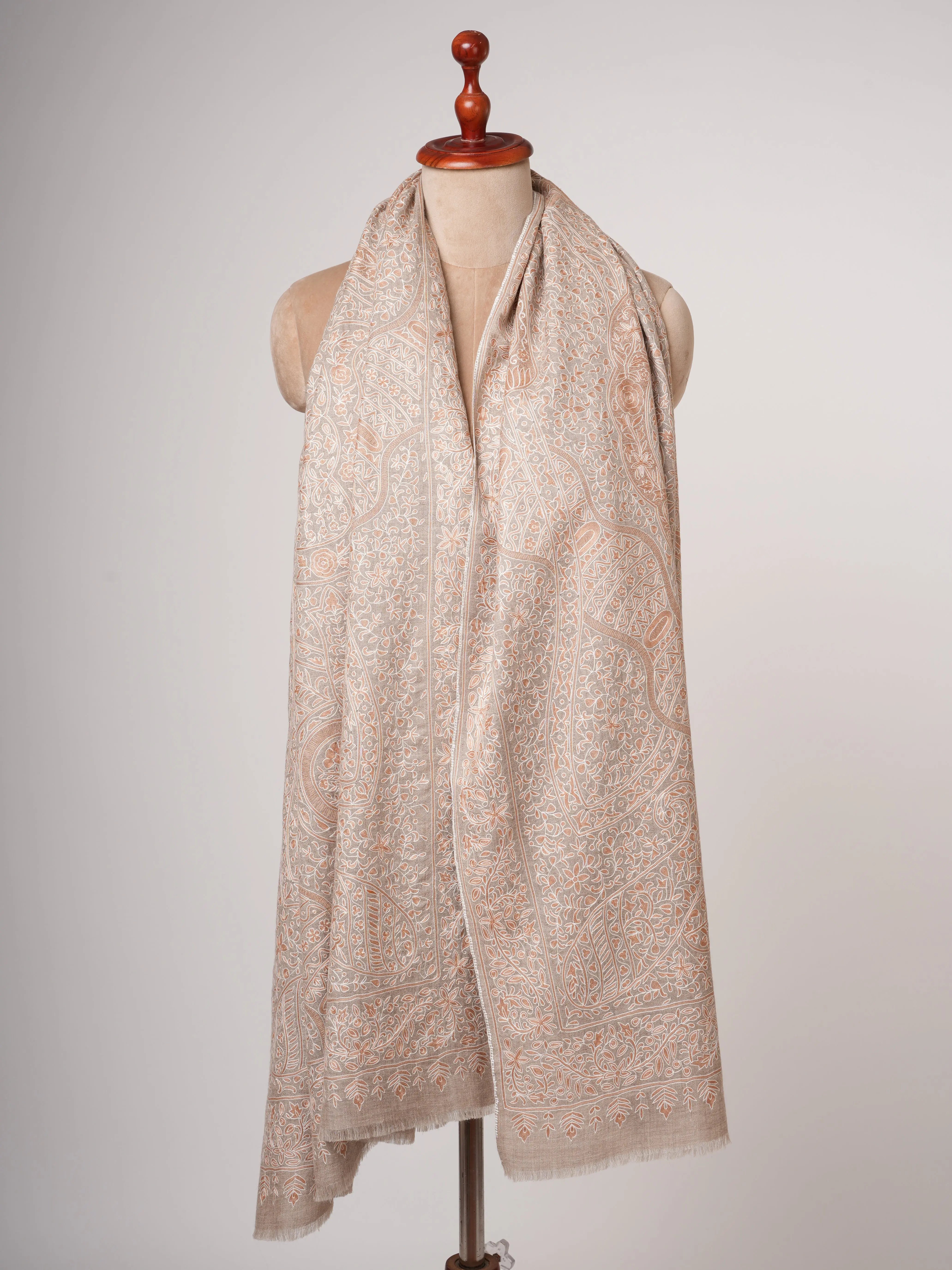 Natural Beige Pashmina Shawl with Hand Embroidered Kalamkari Work Shahkaar