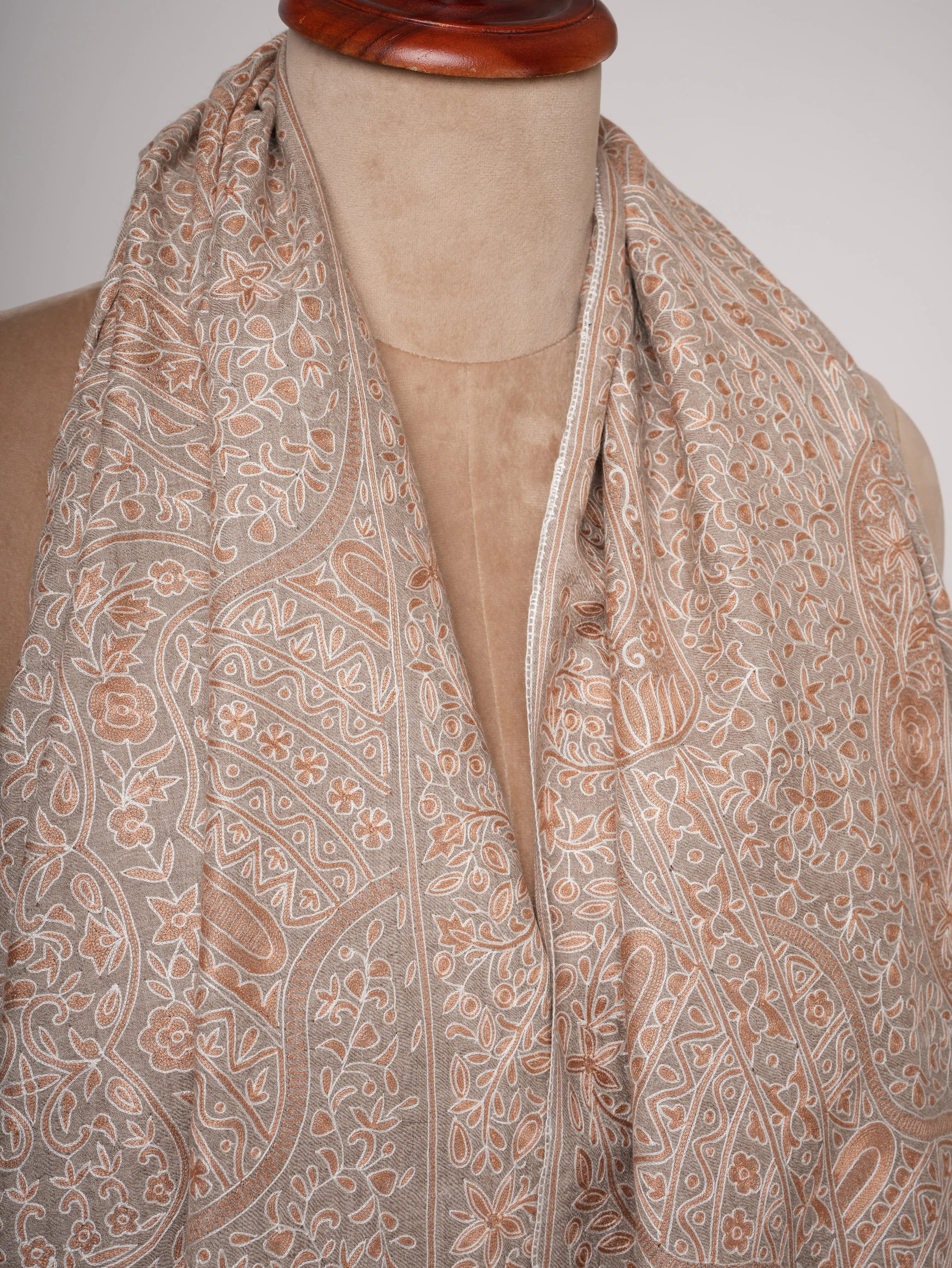 Natural Beige Pashmina Shawl with Hand Embroidered Kalamkari Work Shahkaar